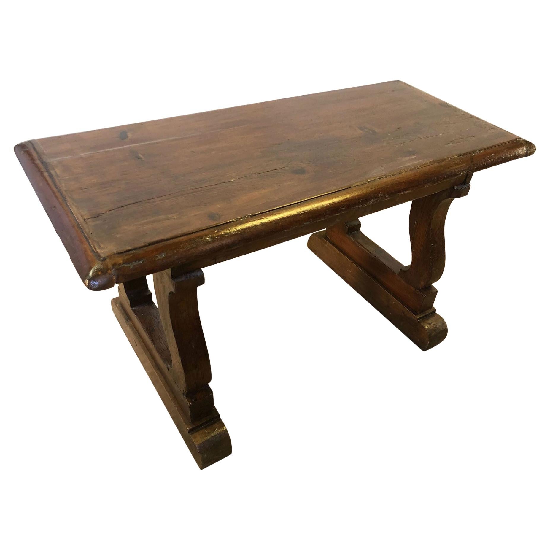 Italian Sofa Table from 1900 in Solid Fir, Very Sturdy, Honey Color, Rustic