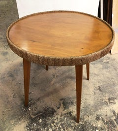 Italian Sofa Table from 1970s, in Beechwood, Round with Rope Edge Trim