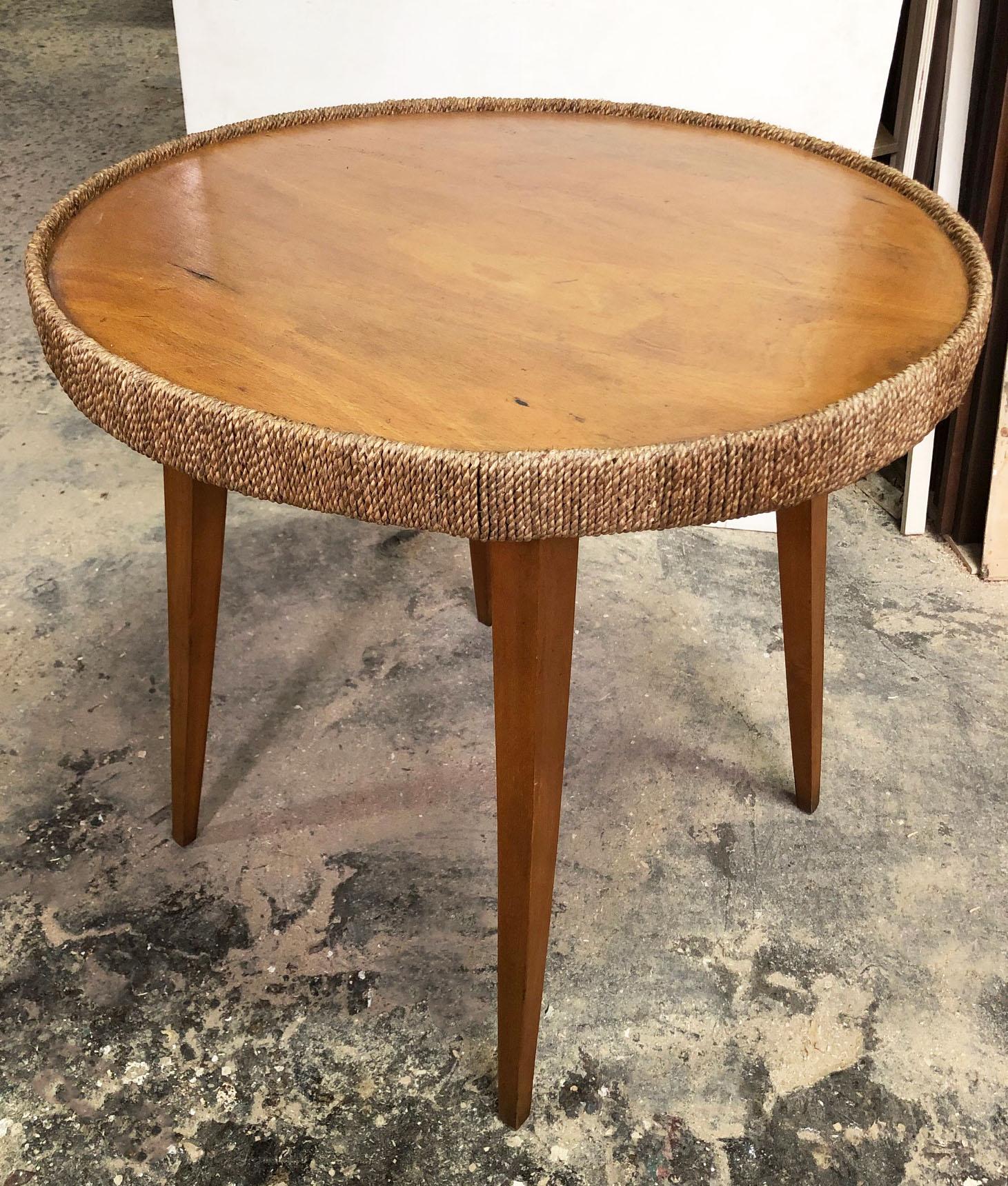 Mid-Century Modern Italian Sofa Table from 1970s, in Beechwood, Round with Rope Edge Trim