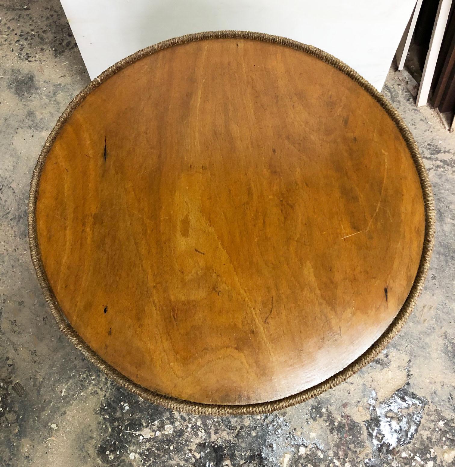 Late 20th Century Italian Sofa Table from 1970s, in Beechwood, Round with Rope Edge Trim