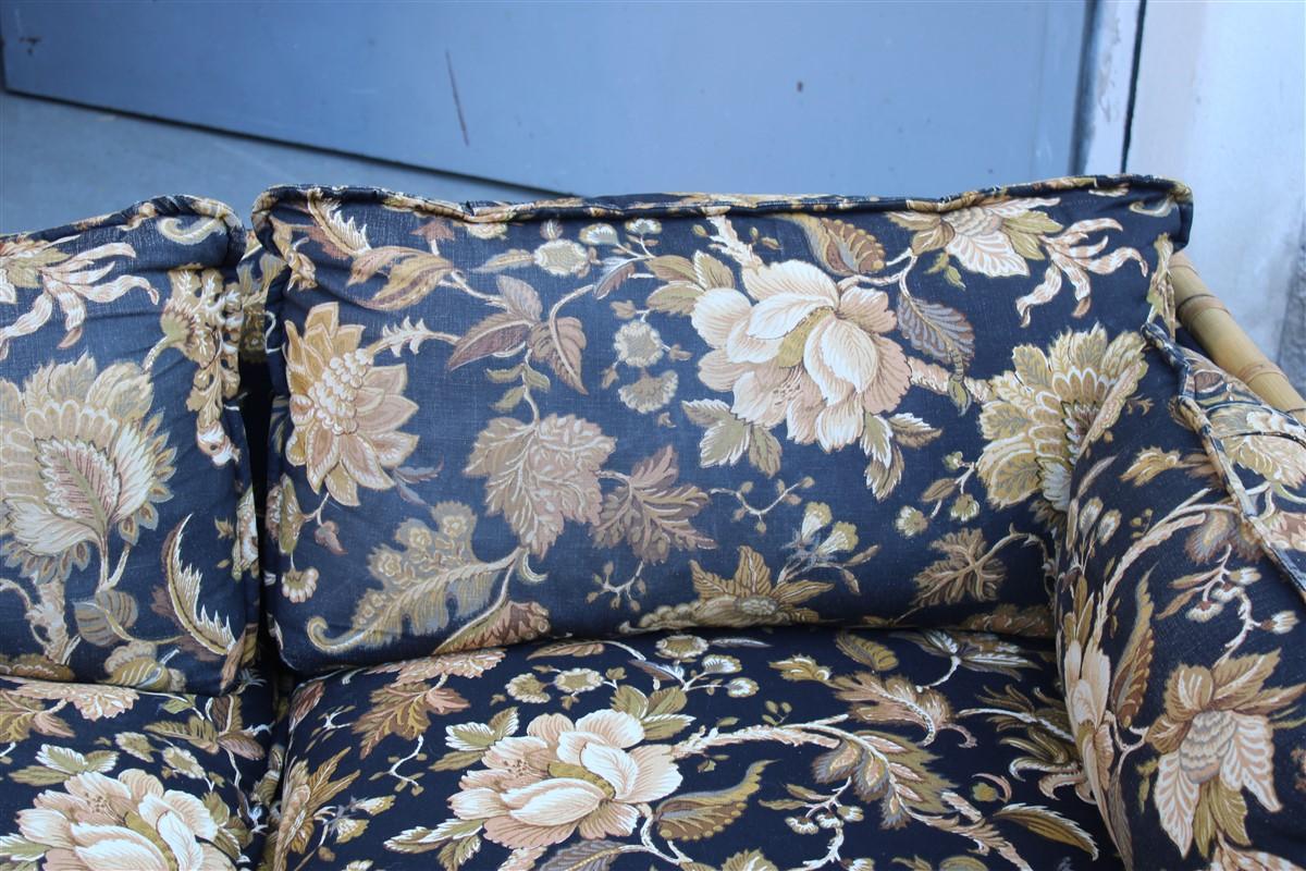 Italian Sofa Vivai del Sud Cane Bamboo and Black Fabric with Flowers For Sale 5