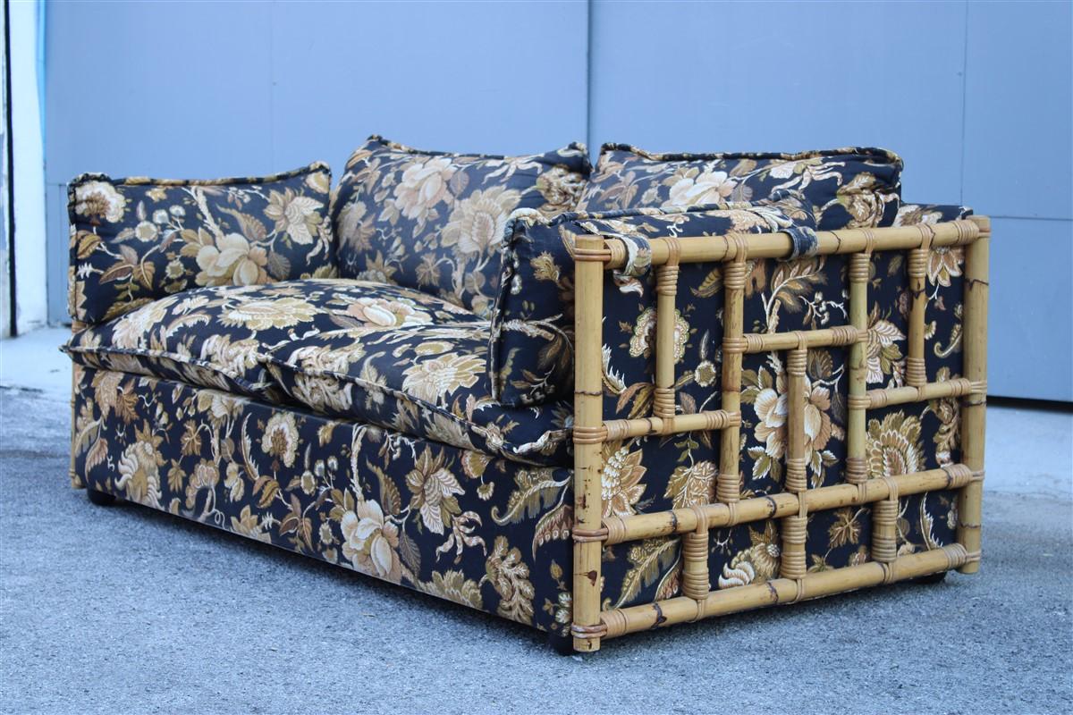 Italian sofa Vivai Del Sud Cane Bamboo and black fabric with flowers.