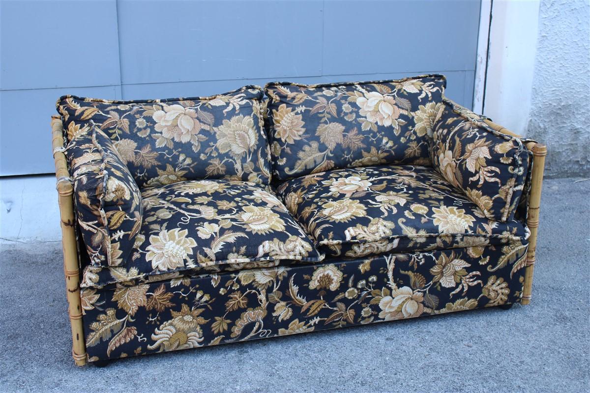 Mid-Century Modern Italian Sofa Vivai del Sud Cane Bamboo and Black Fabric with Flowers For Sale