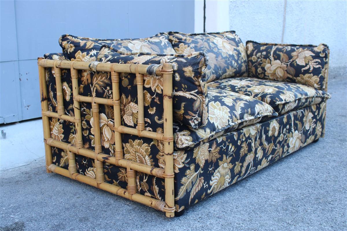 Italian Sofa Vivai del Sud Cane Bamboo and Black Fabric with Flowers In Good Condition For Sale In Palermo, Sicily