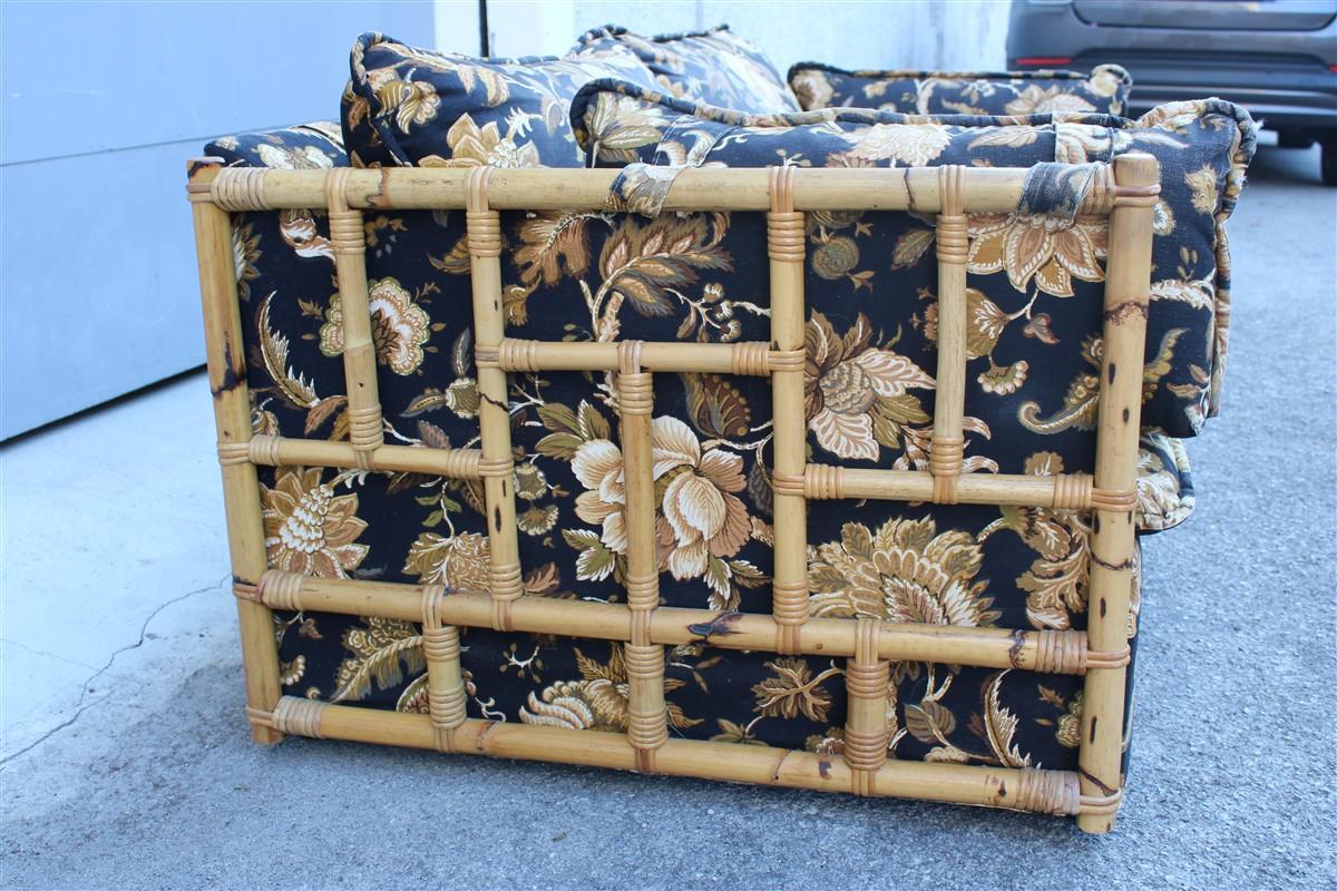 Mid-20th Century Italian Sofa Vivai del Sud Cane Bamboo and Black Fabric with Flowers For Sale