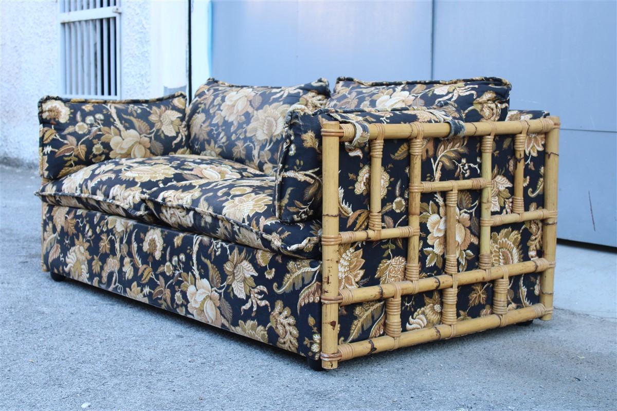 Italian Sofa Vivai del Sud Cane Bamboo and Black Fabric with Flowers For Sale 1