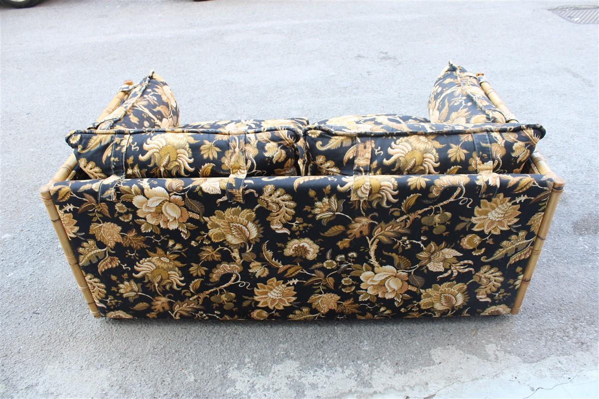 Italian Sofa Vivai del Sud Cane Bamboo and Black Fabric with Flowers For Sale 2