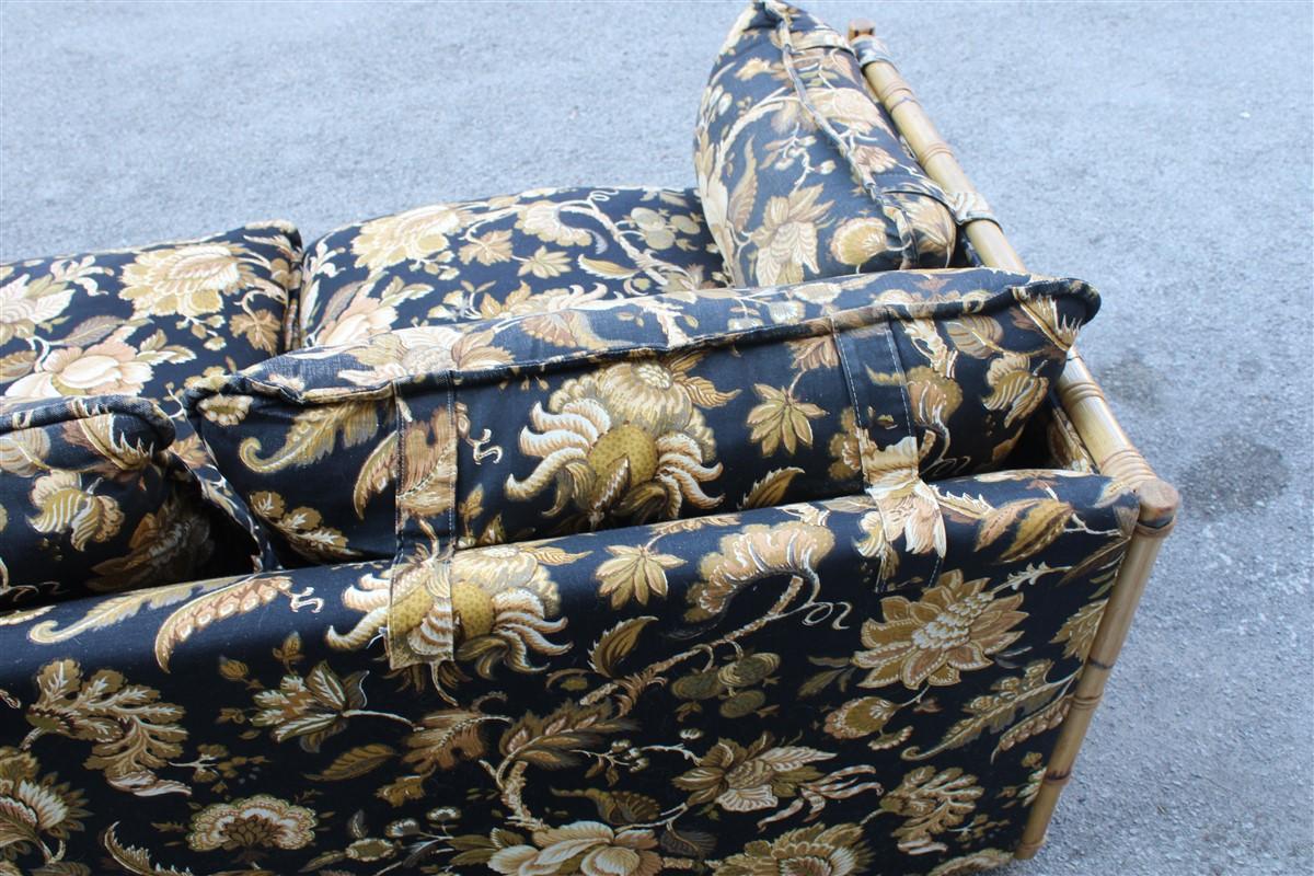 Italian Sofa Vivai del Sud Cane Bamboo and Black Fabric with Flowers For Sale 3