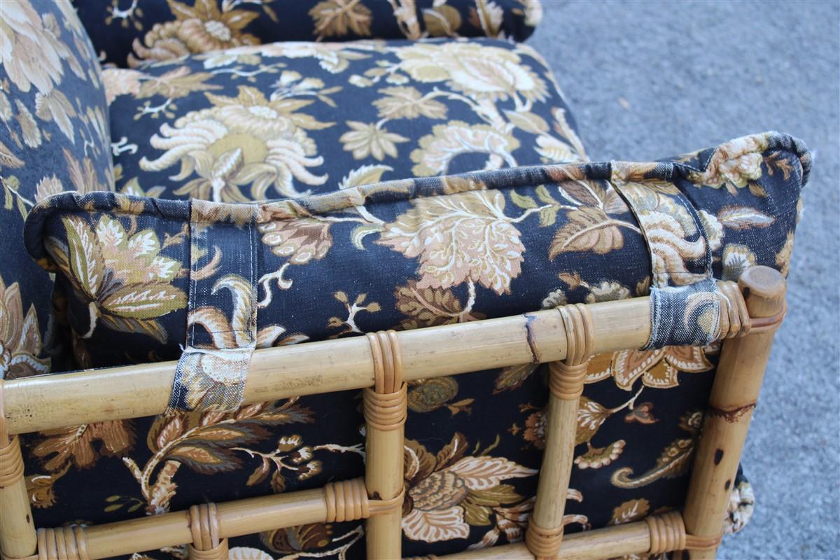 Italian Sofa Vivai del Sud Cane Bamboo and Black Fabric with Flowers For Sale 4