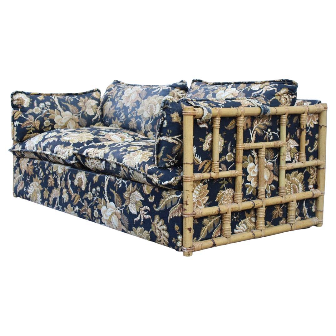 Italian Sofa Vivai del Sud Cane Bamboo and Black Fabric with Flowers For Sale