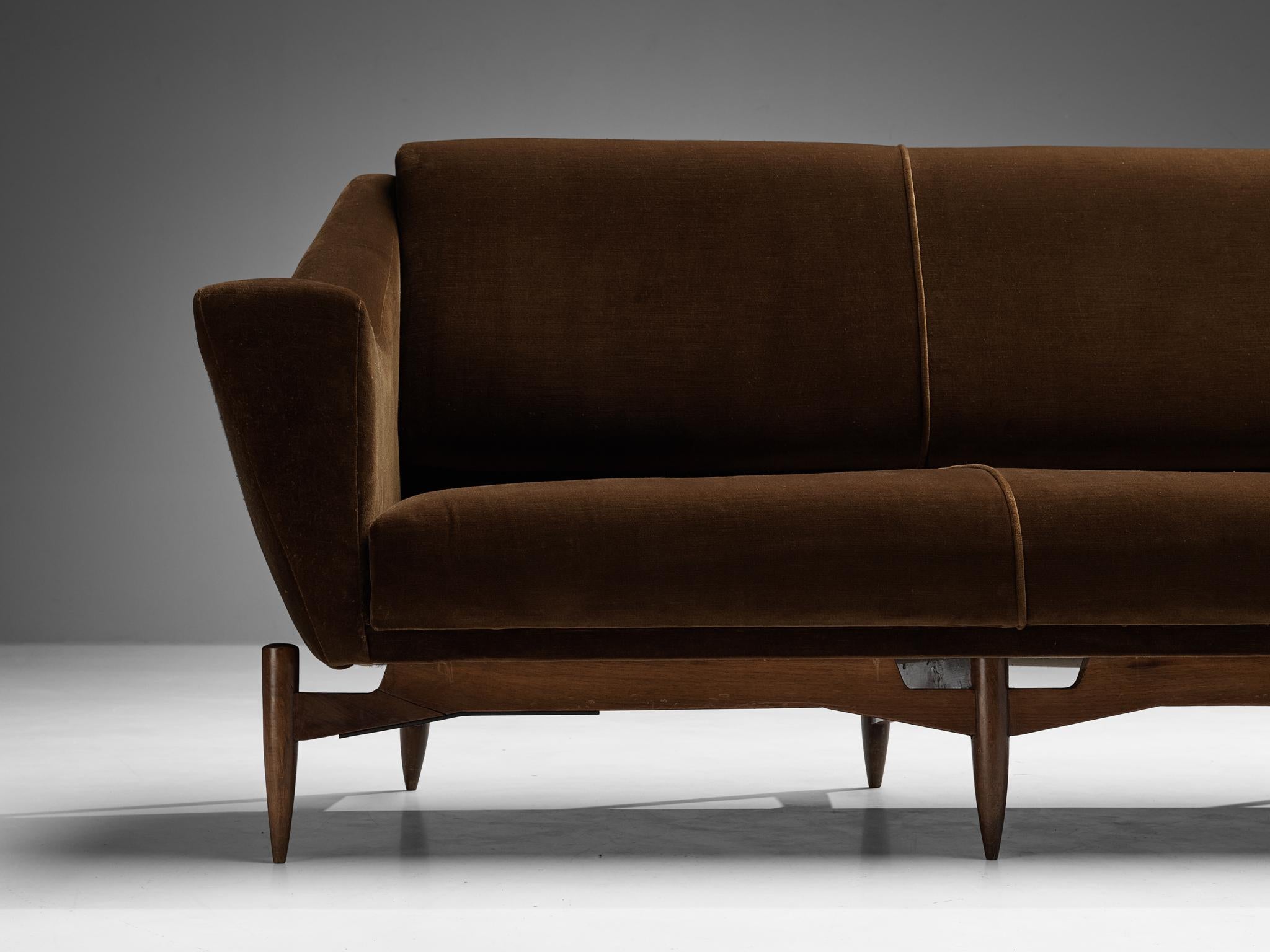 Mid-Century Modern Italian Sofa with Exposed Elegant Wooden Frame in Brown Velvet