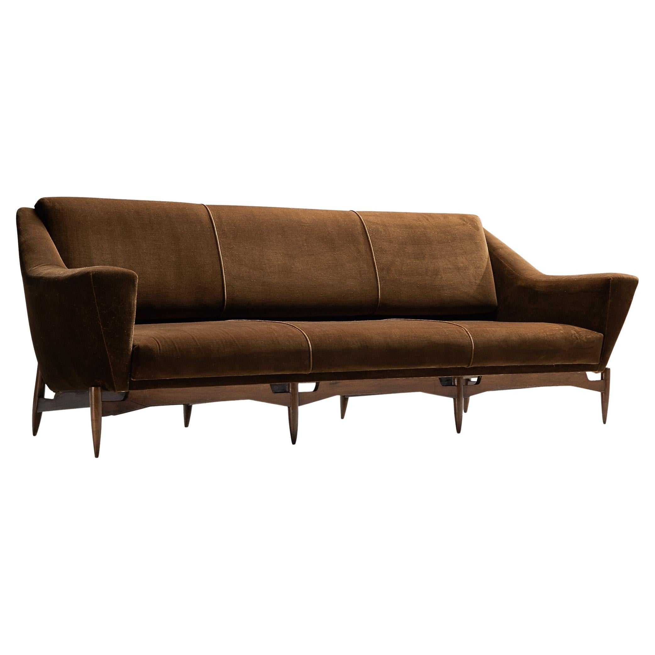 Italian Sofa with Exposed Elegant Wooden Frame in Brown Velvet