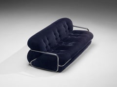 Italian Sofa with Tubular Chrome Frame in Dark Blue Corduroy Upholstery