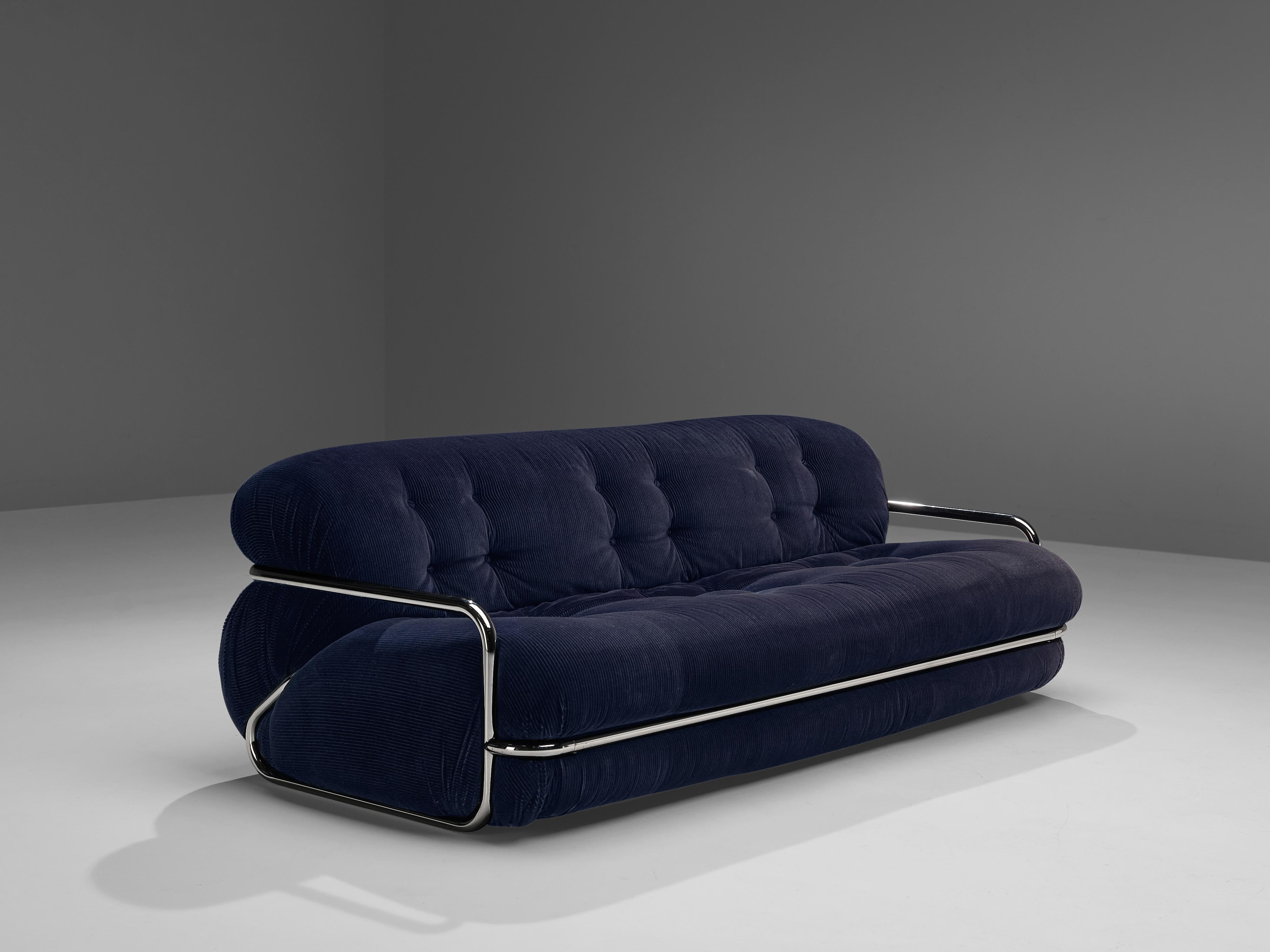 Mid-Century Modern Italian Sofa with Tubular Chrome Frame in Dark Blue Corduroy Upholstery