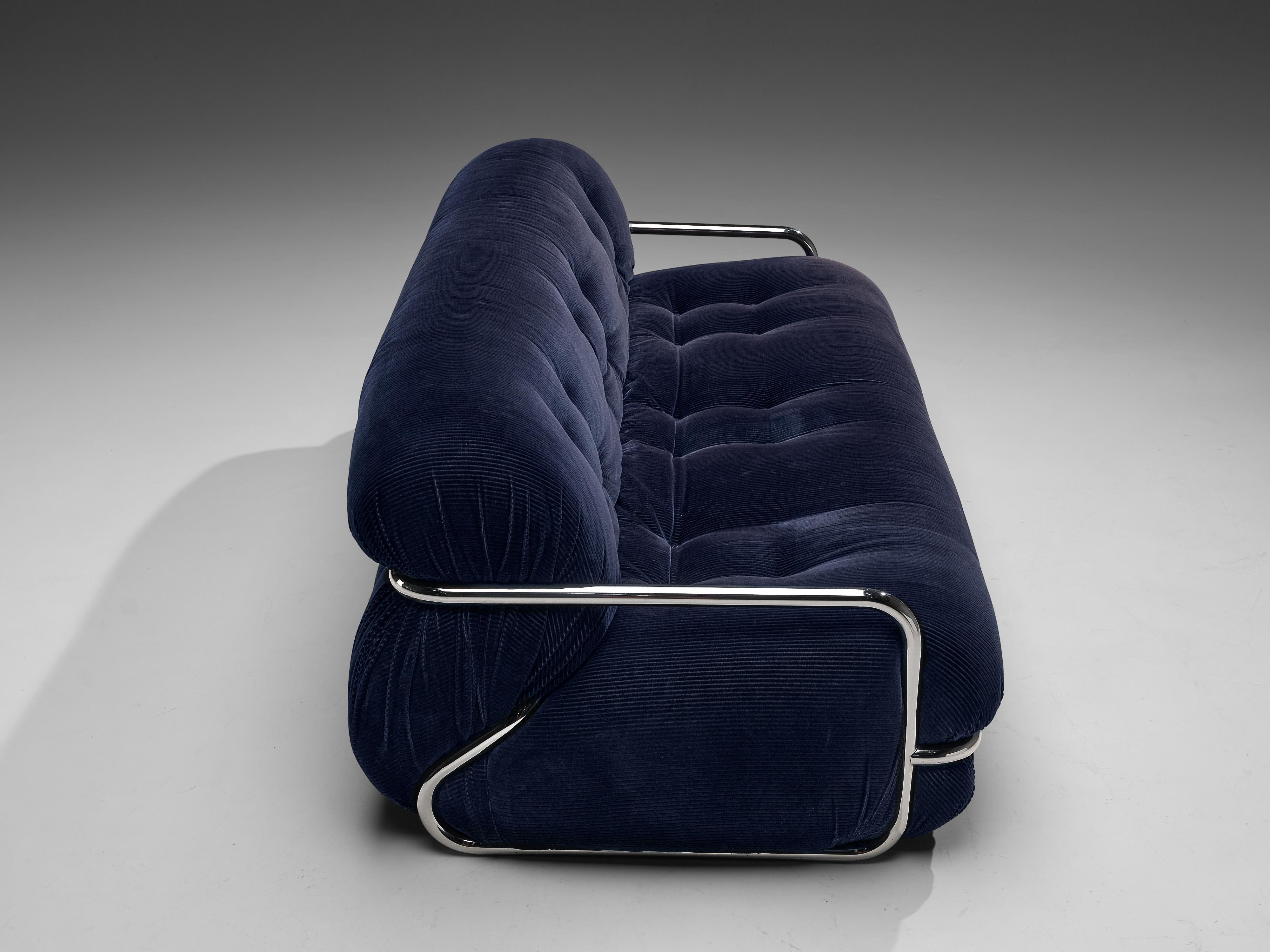 Italian Sofa with Tubular Chrome Frame in Dark Blue Corduroy Upholstery In Good Condition In Waalwijk, NL