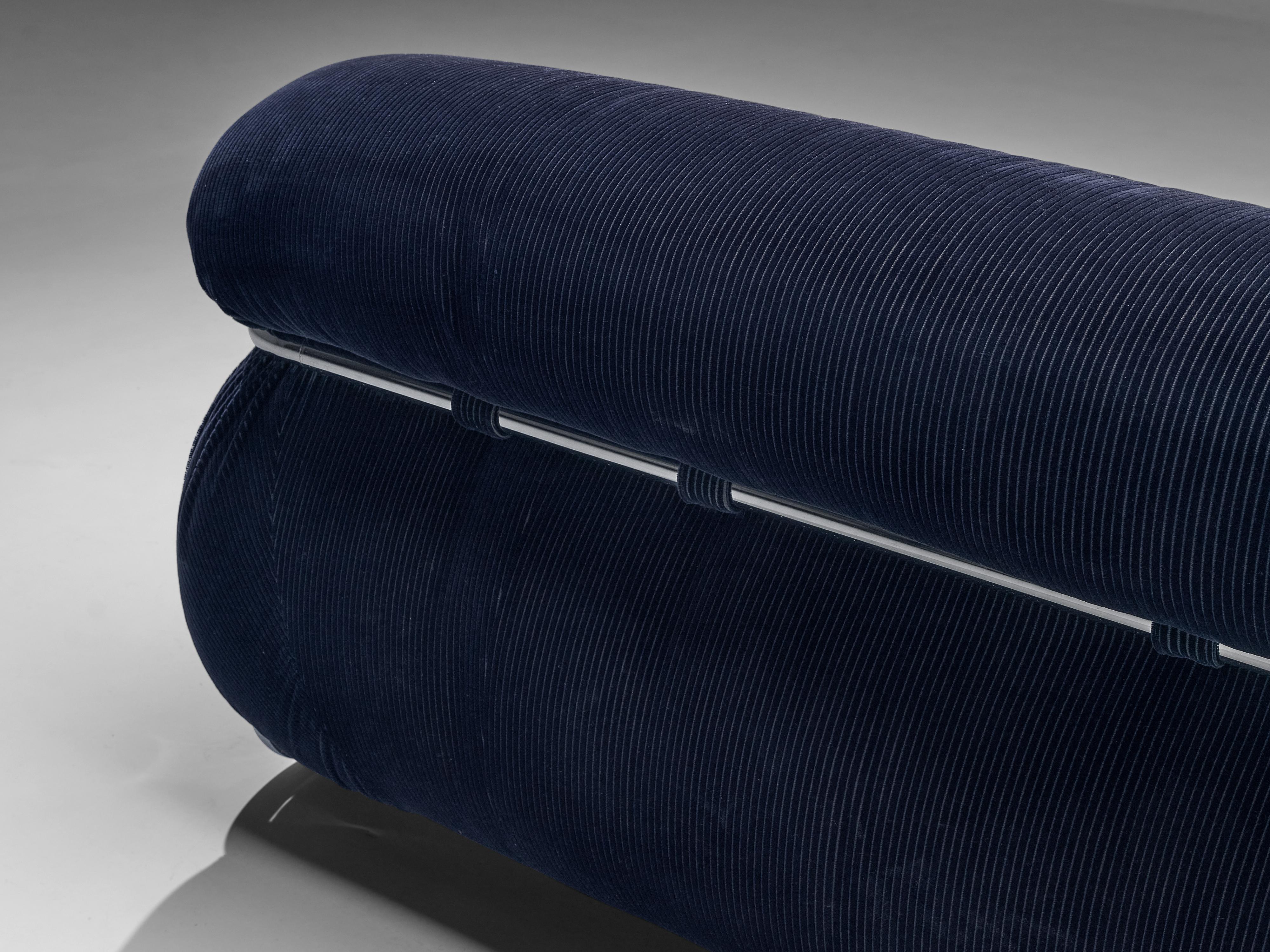 Late 20th Century Italian Sofa with Tubular Chrome Frame in Dark Blue Corduroy Upholstery