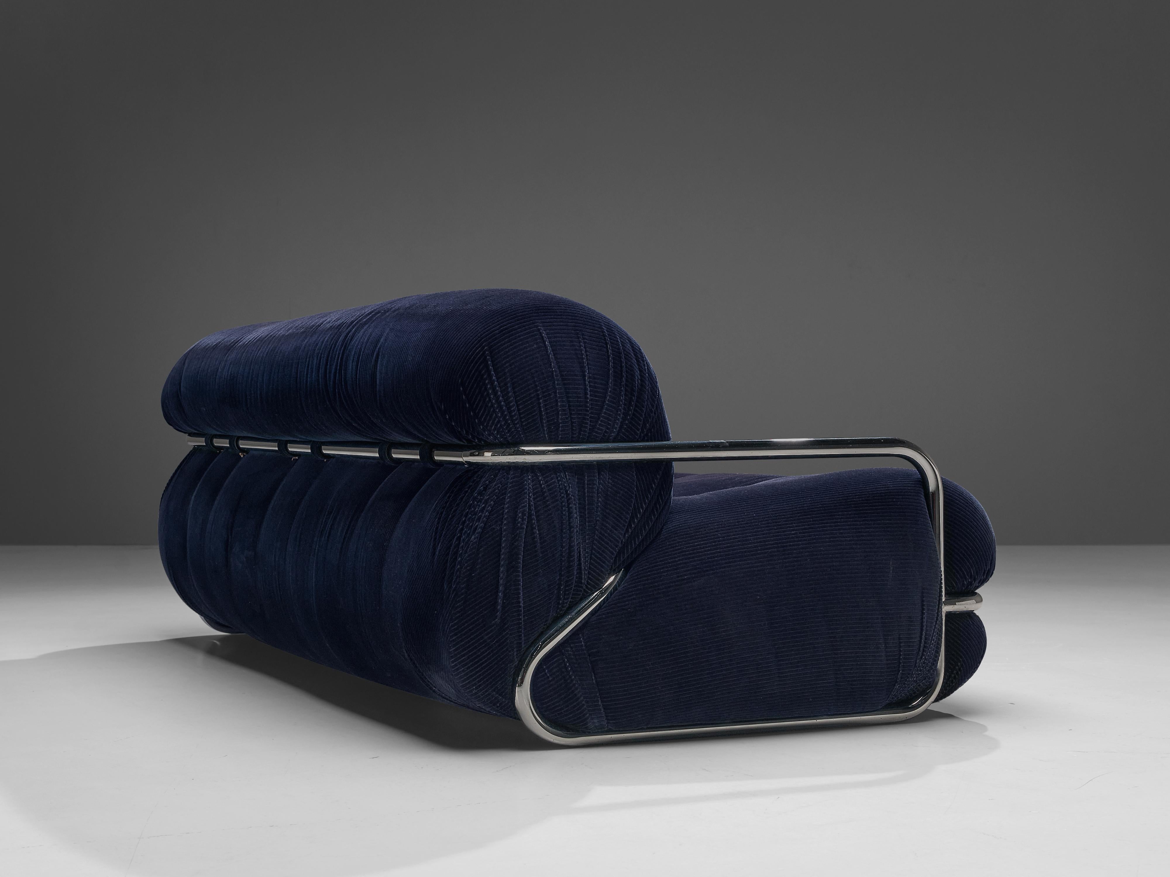 Italian Sofa with Tubular Chrome Frame in Dark Blue Corduroy Upholstery 1