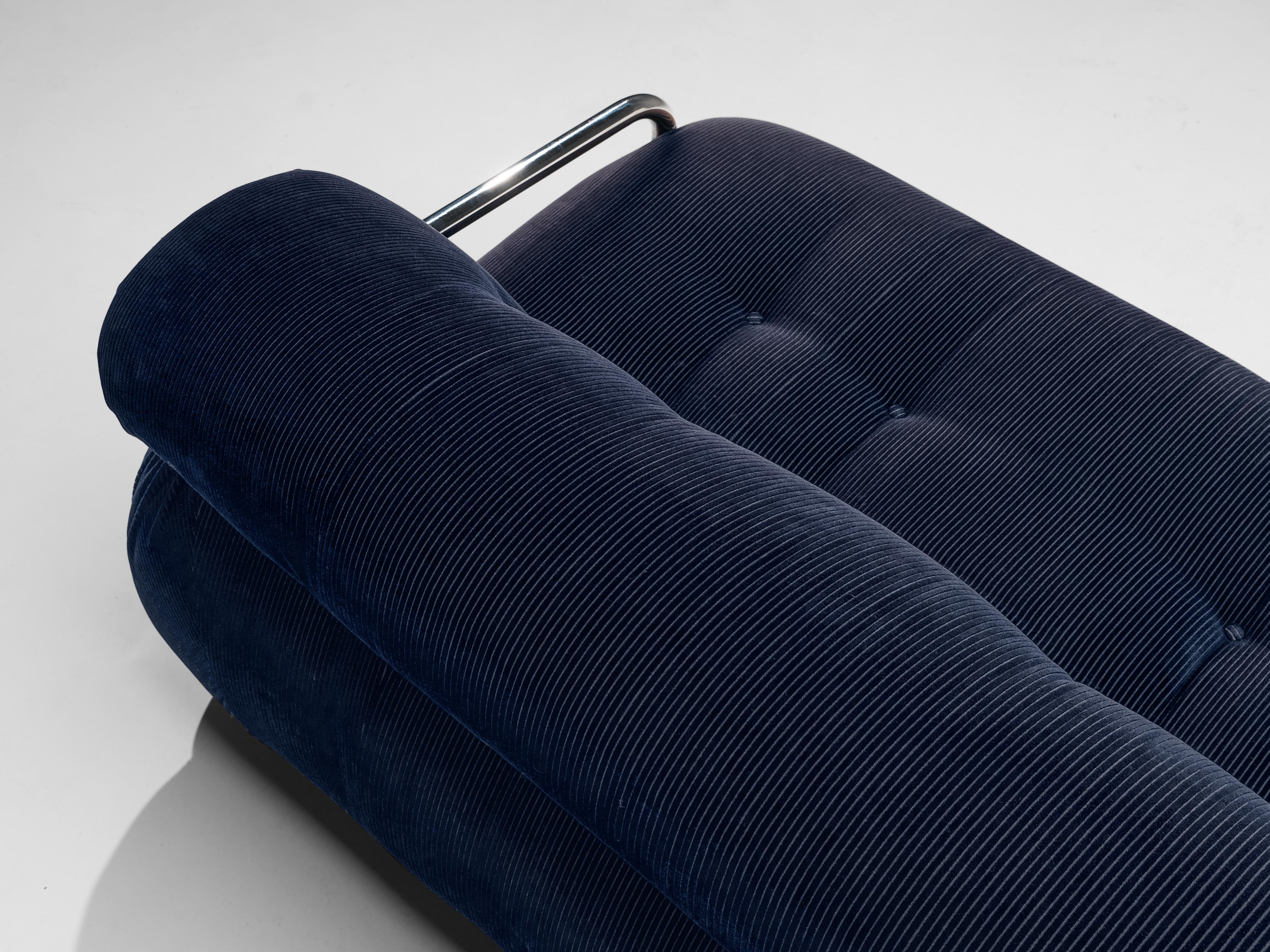 Italian Sofa with Tubular Chrome Frame in Dark Blue Corduroy Upholstery 2