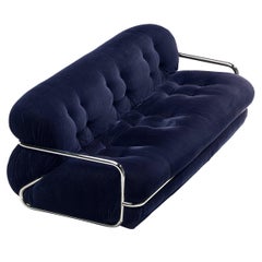 Italian Sofa with Tubular Chrome Frame in Dark Blue Corduroy Upholstery