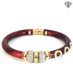 Italian SOHO Stamped Contemporary 18K Gold Red Lucite Diamond Bangle Bracelet