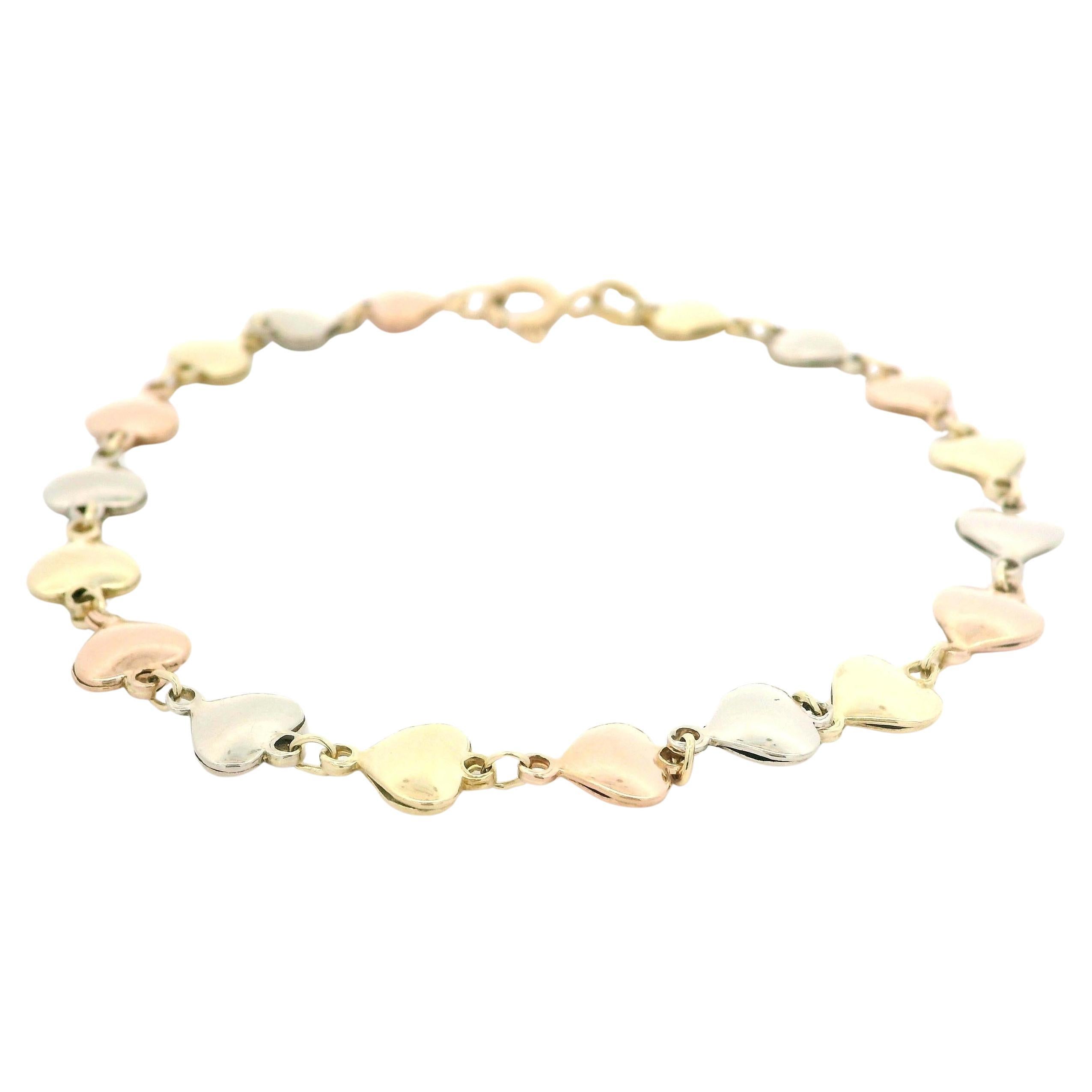 Italian Solid 14k Gold Tri Color Gold Polished 7" Stackable Heart Link Bracelet