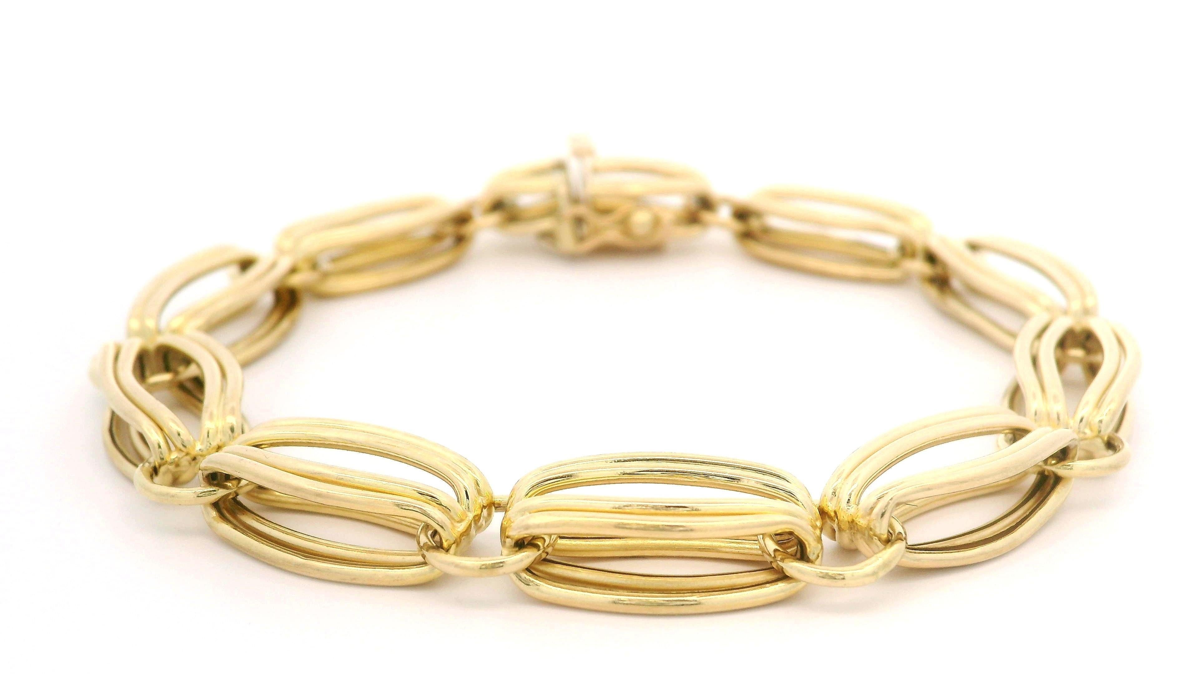 Italian Solid 14k Yellow Gold Open Wire Link Bracelet w/ Push Clasp Safety Latch Excellent état - En vente à Montclair, NJ