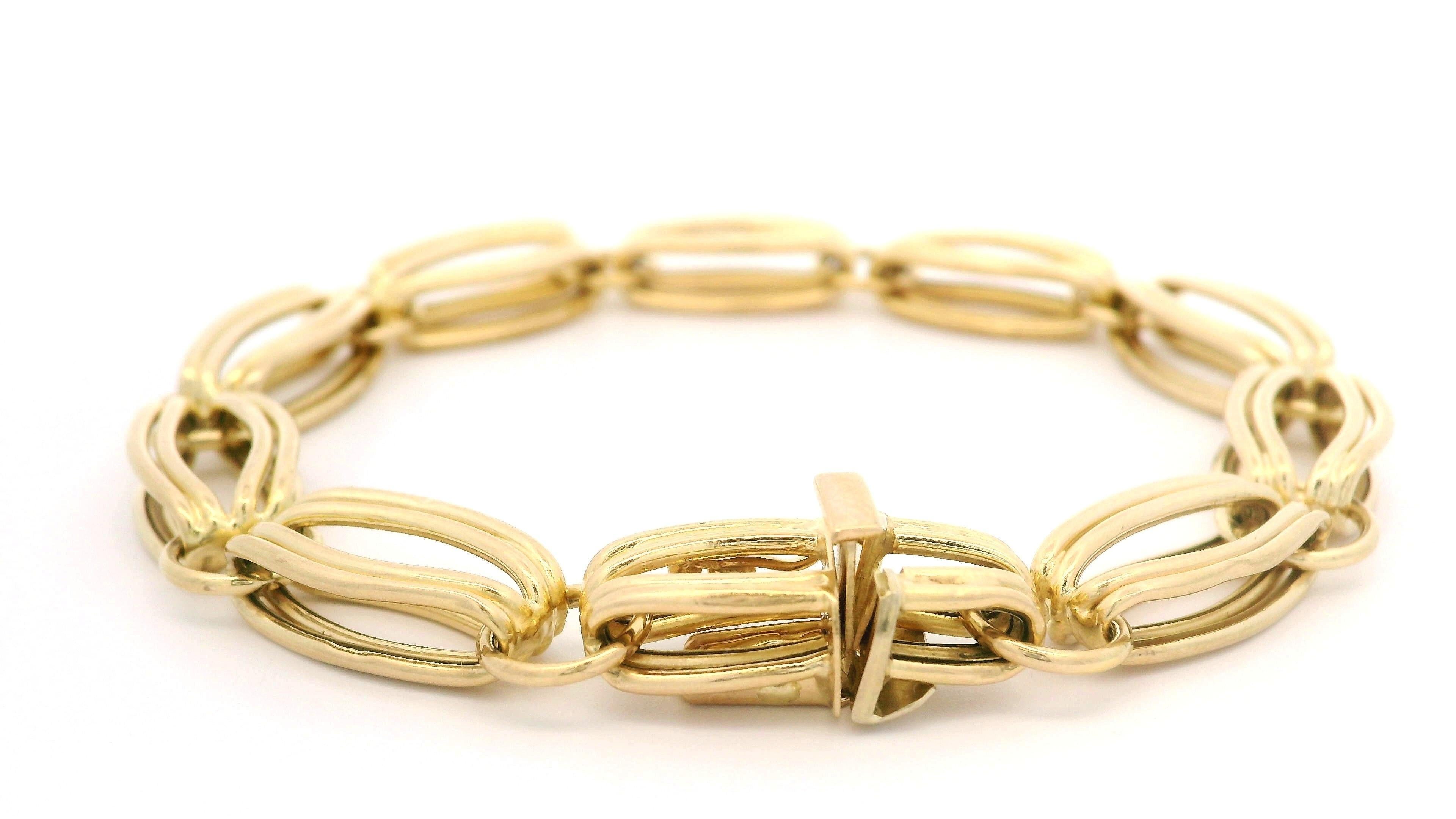 Italian Solid 14k Yellow Gold Open Wire Link Bracelet w/ Push Clasp Safety Latch en vente 1