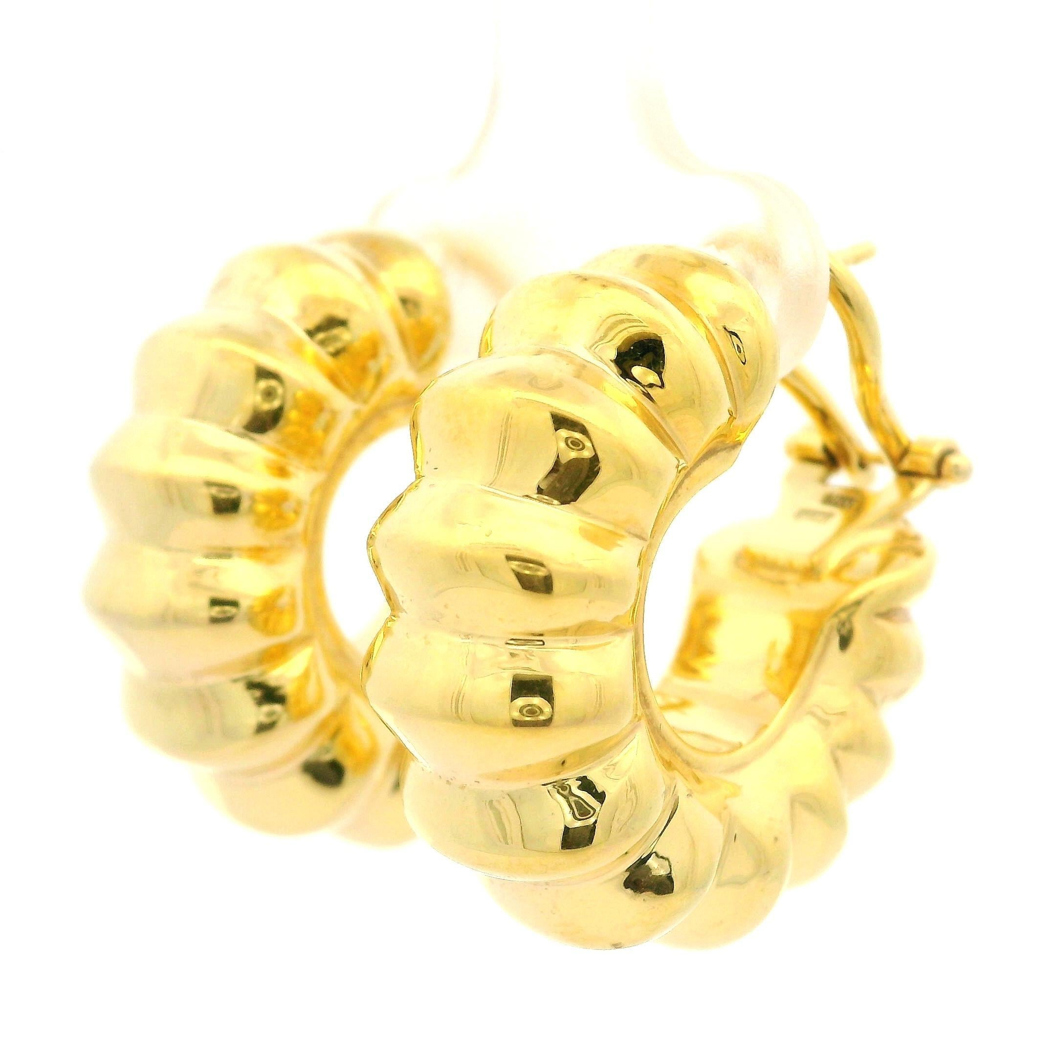 Italian Solid 14k Yellow Gold Puffed Design Polished Huggie Hoop Earrings