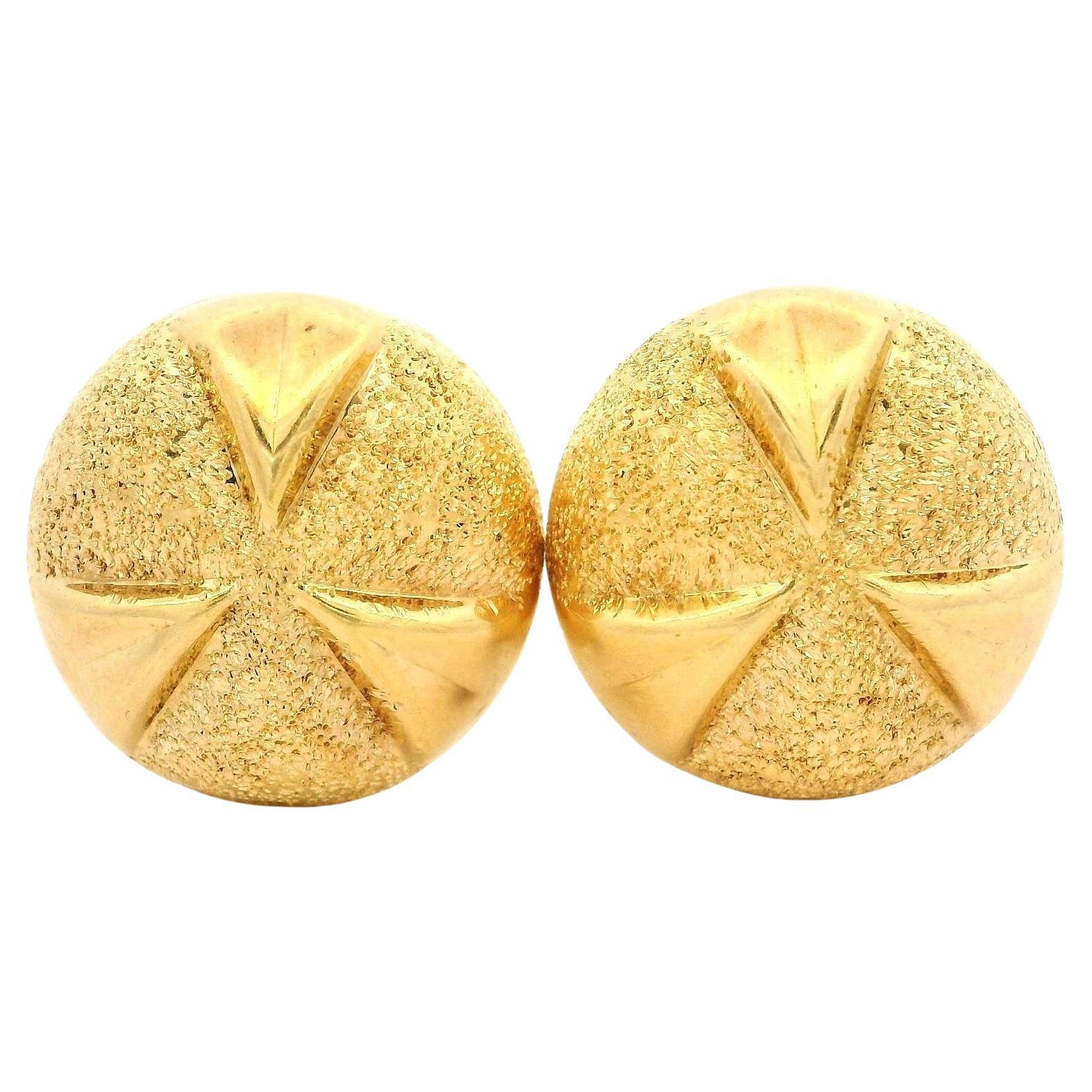Italian Solid 18k Yellow Gold Dual Finish Classic Button Omega Earrings