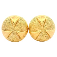 Italian Solid 18k Yellow Gold Dual Finish Classic Button Omega Earrings