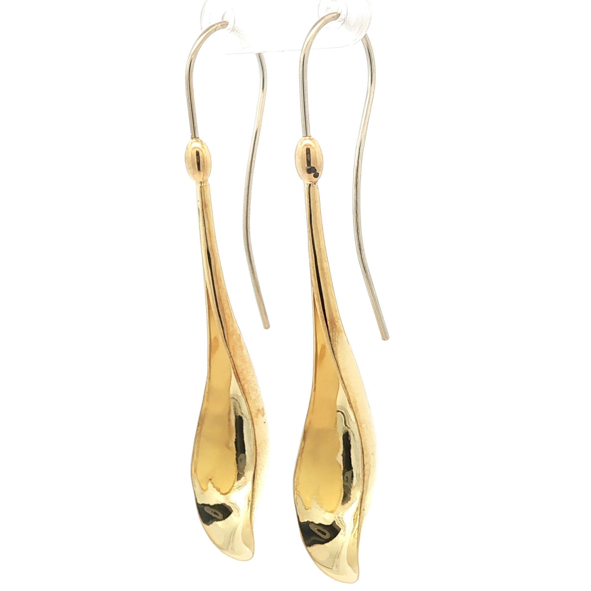 Italian Solid 18k Yellow Gold Long Leaf Dangle Drop Hook Earrings For Sale 6