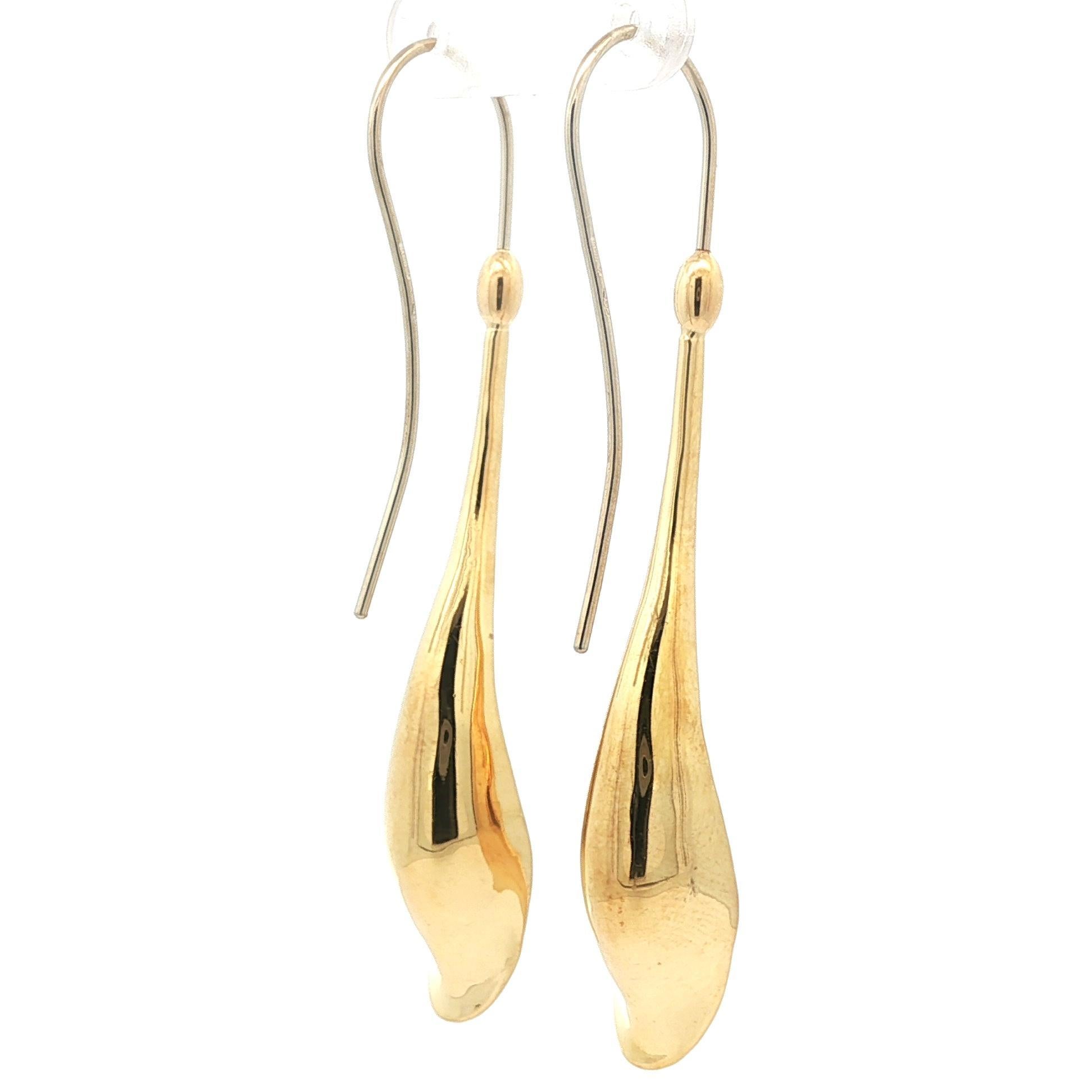Italian Solid 18k Yellow Gold Long Leaf Dangle Drop Hook Earrings For Sale 8