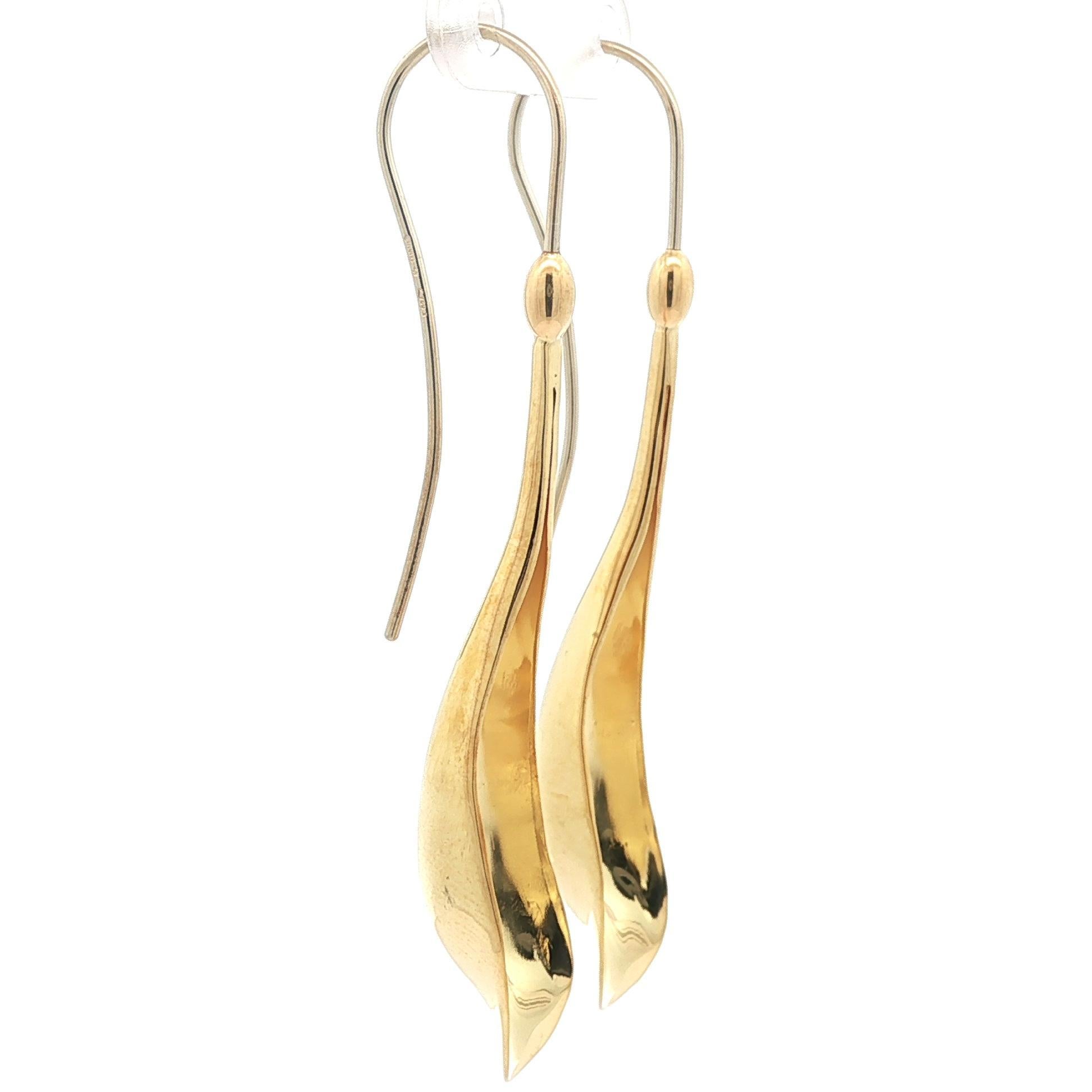 Italian Solid 18k Yellow Gold Long Leaf Dangle Drop Hook Earrings For Sale 9