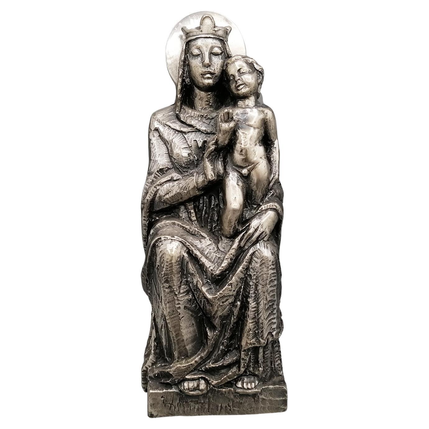 Italienische Statue aus massivem 800er Silber, die die Jungfrau Maria und das segnende Kind darstellt