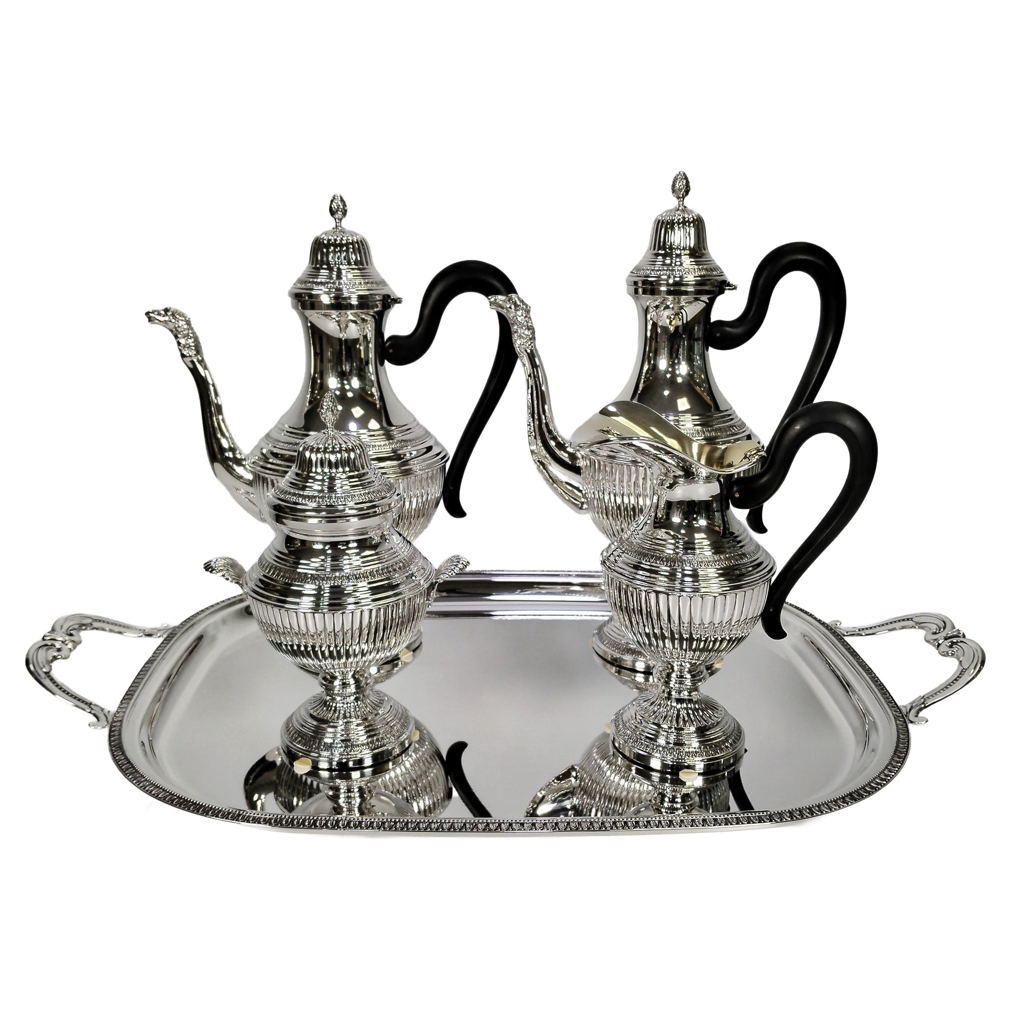 Italian Solid 800 Silver Tea-Coffeset Empire Style with oblong tray For Sale