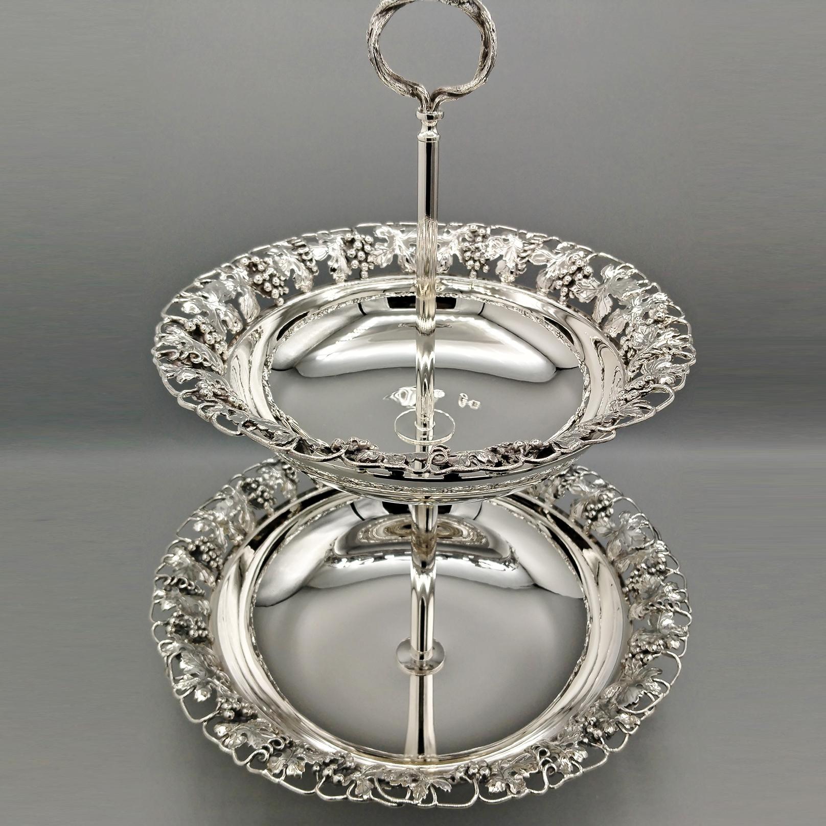 Italian Solid 800 Silver two-tier cake stand with grape shoots, bunches,  leaves 7