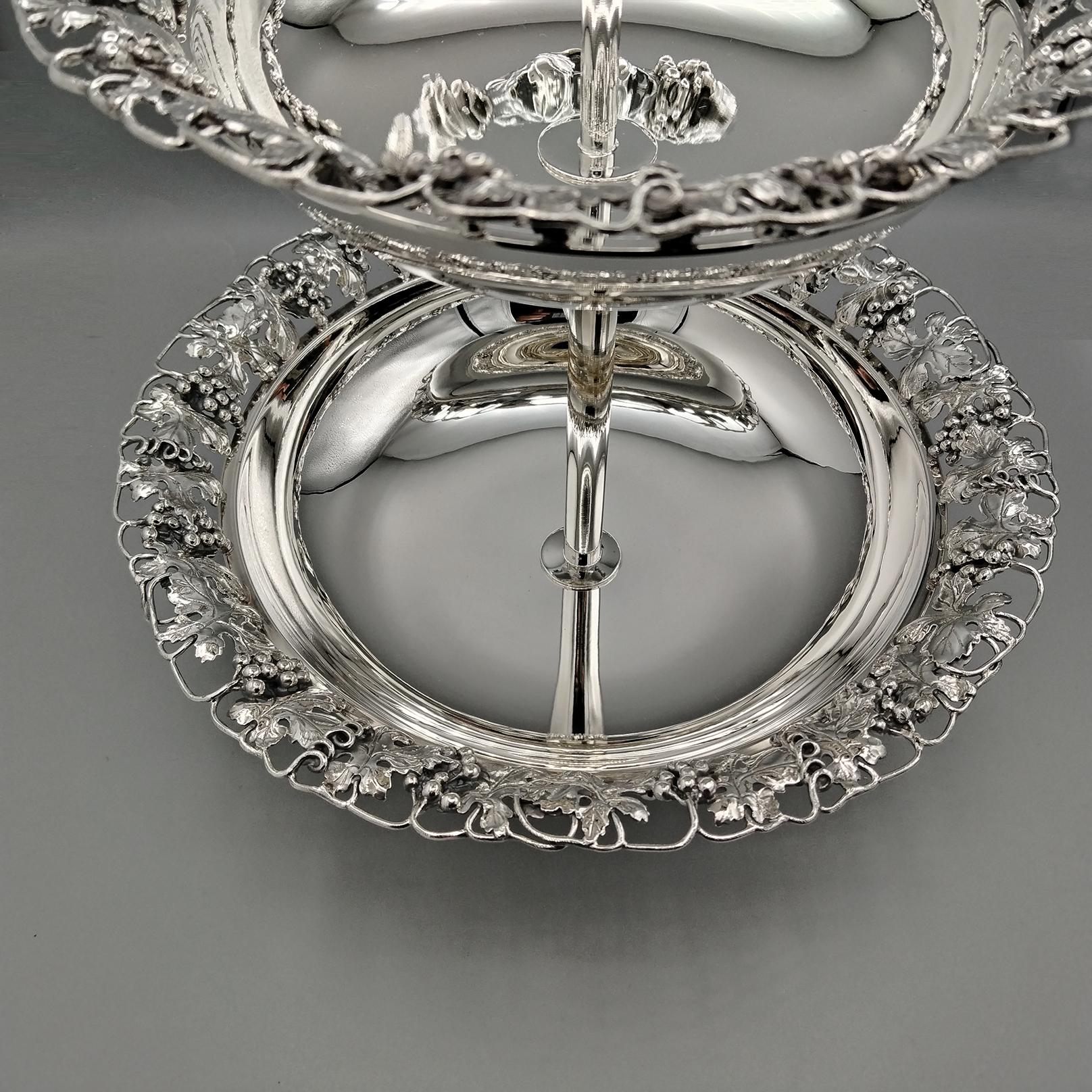 Italian Solid 800 Silver two-tier cake stand with grape shoots, bunches,  leaves 9