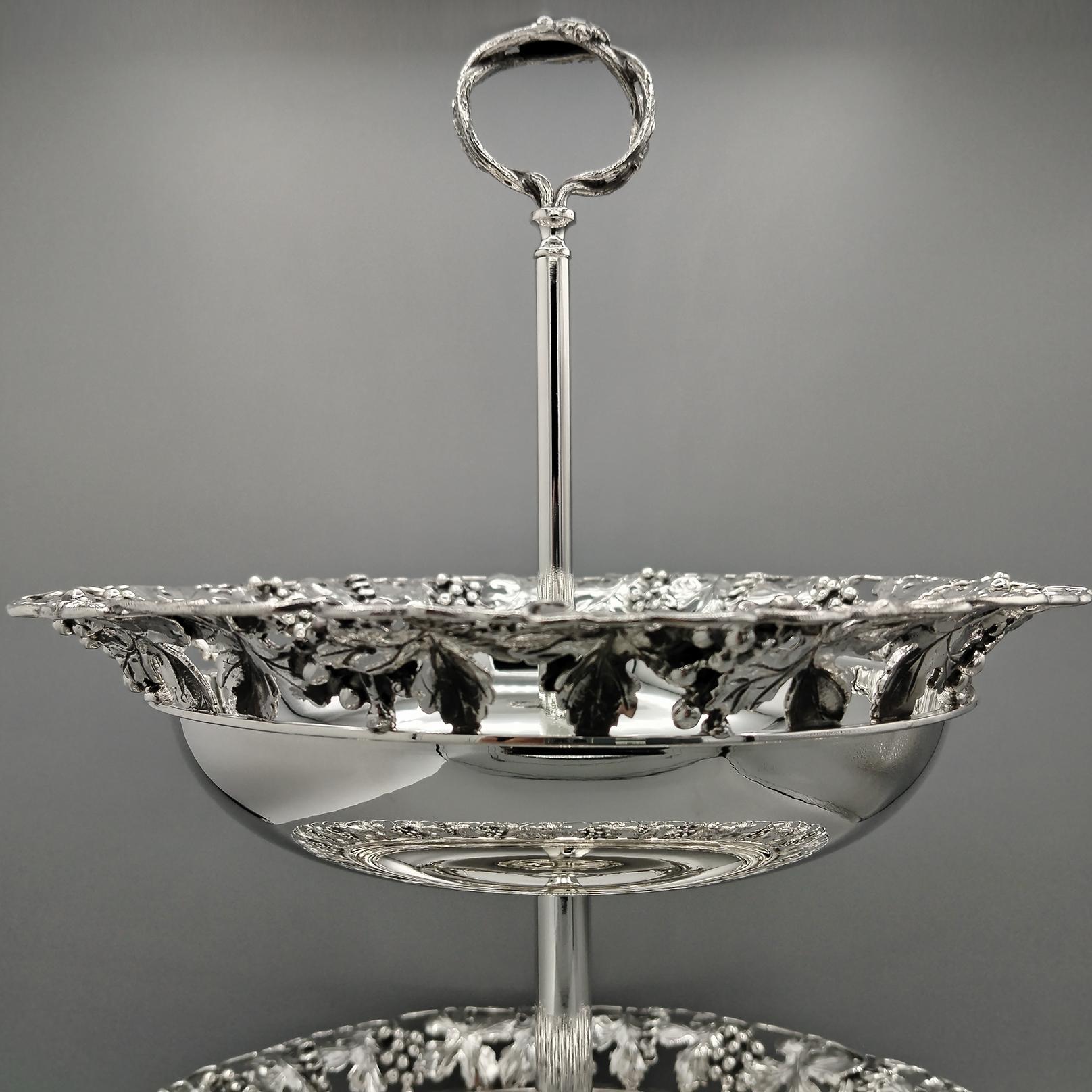 Italian Solid 800 Silver two-tier cake stand with grape shoots, bunches,  leaves 12