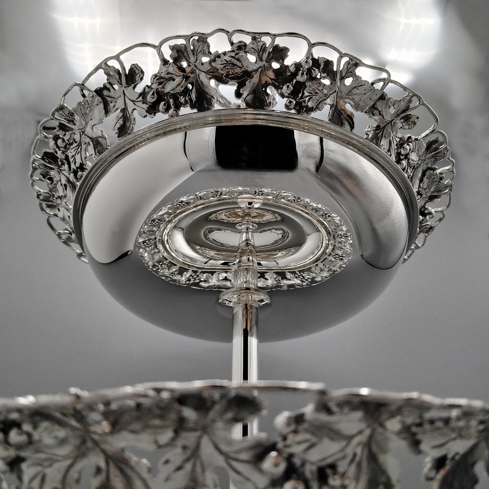 Italian Solid 800 Silver two-tier cake stand with grape shoots, bunches,  leaves 13