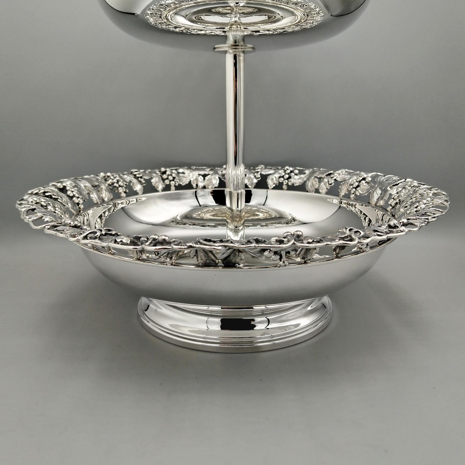 Late 20th Century Italian Solid 800 Silver two-tier cake stand with grape shoots, bunches,  leaves