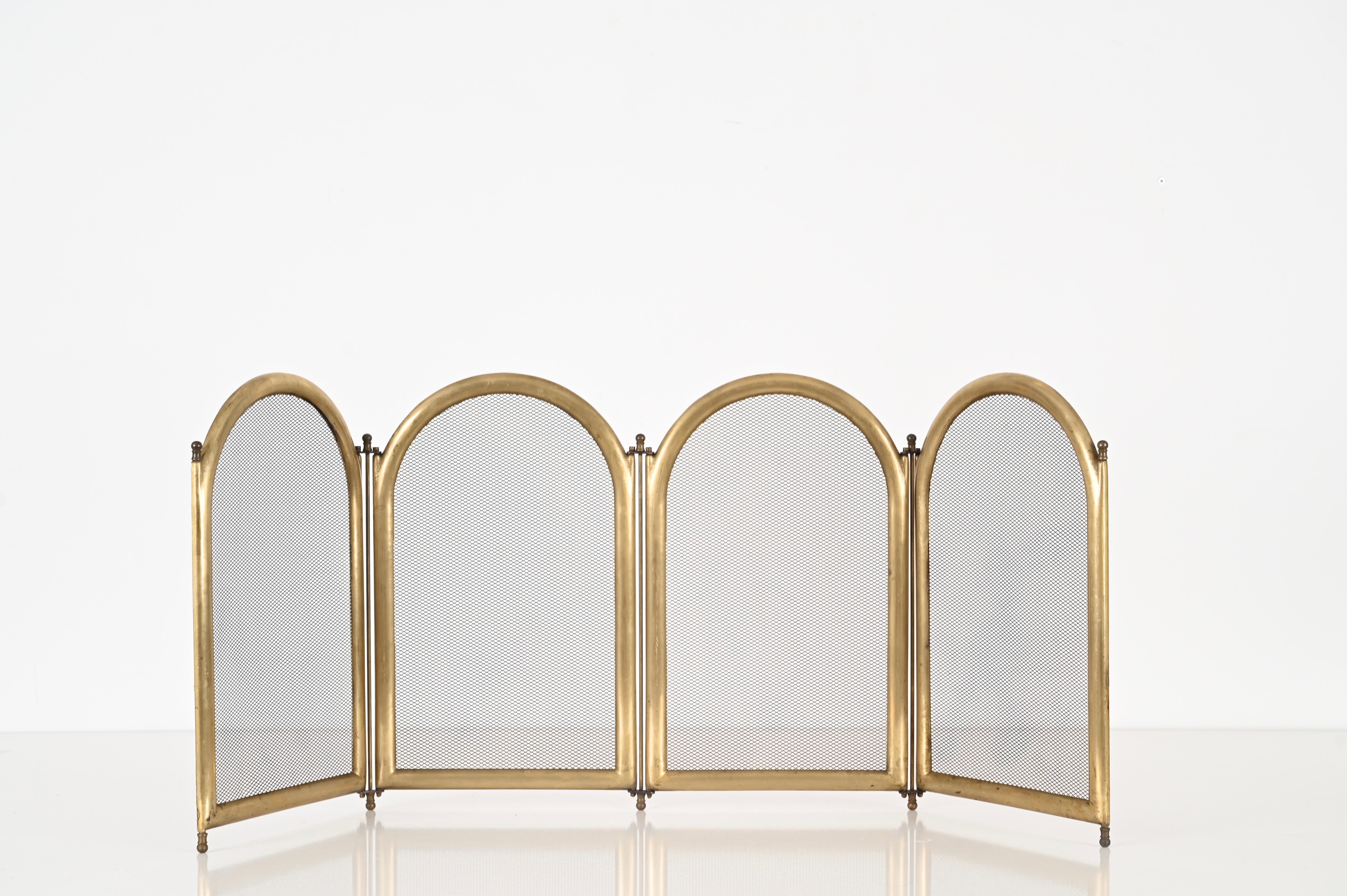 20th Century Italian Solid Brass Folding Fireplace Screen or Fire Guard, Italy 1960s For Sale