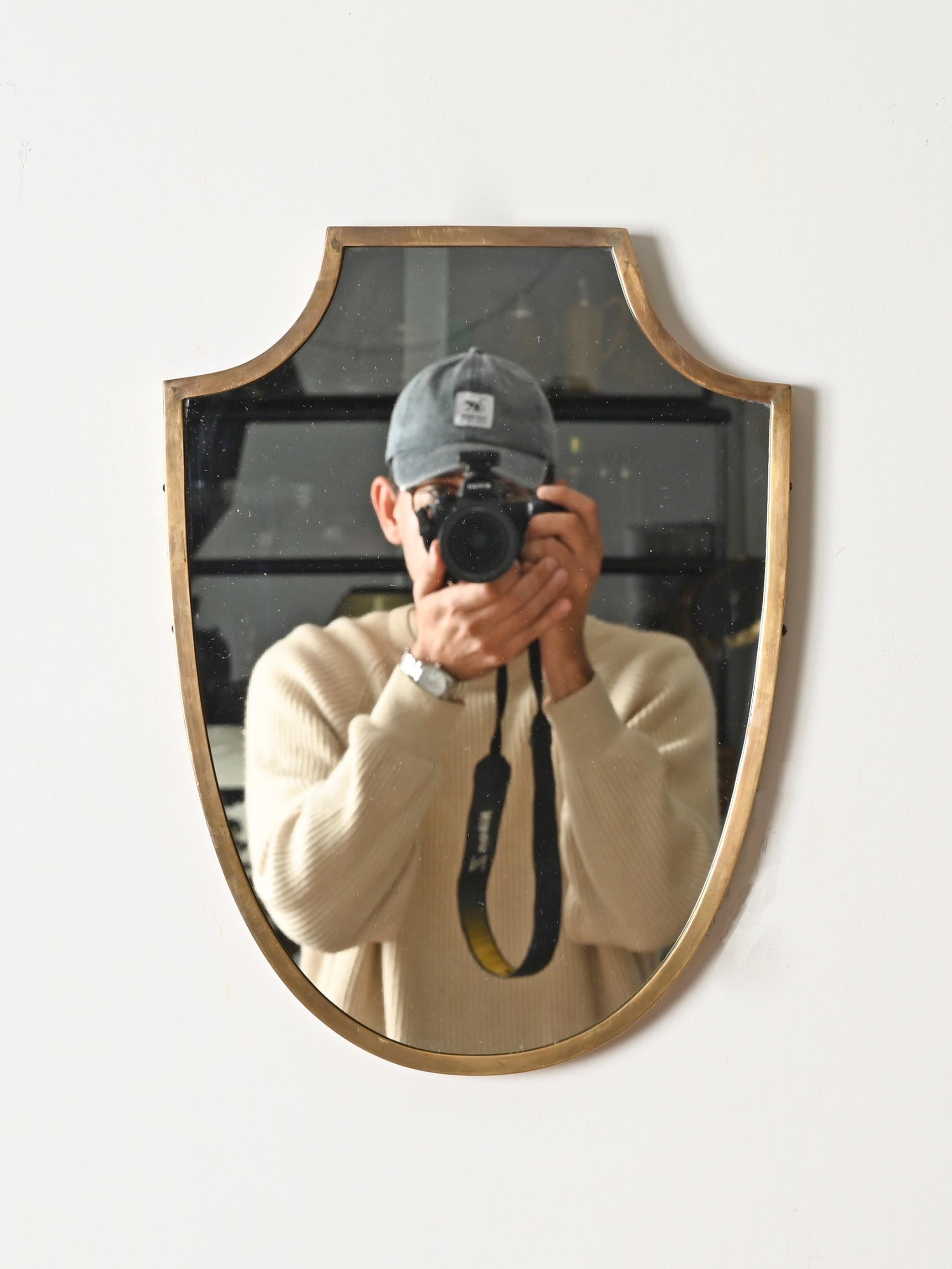 Italiano Italian Solid Brass Shield-Shaped Mirror, Gio Ponti Style, 1950s in vendita