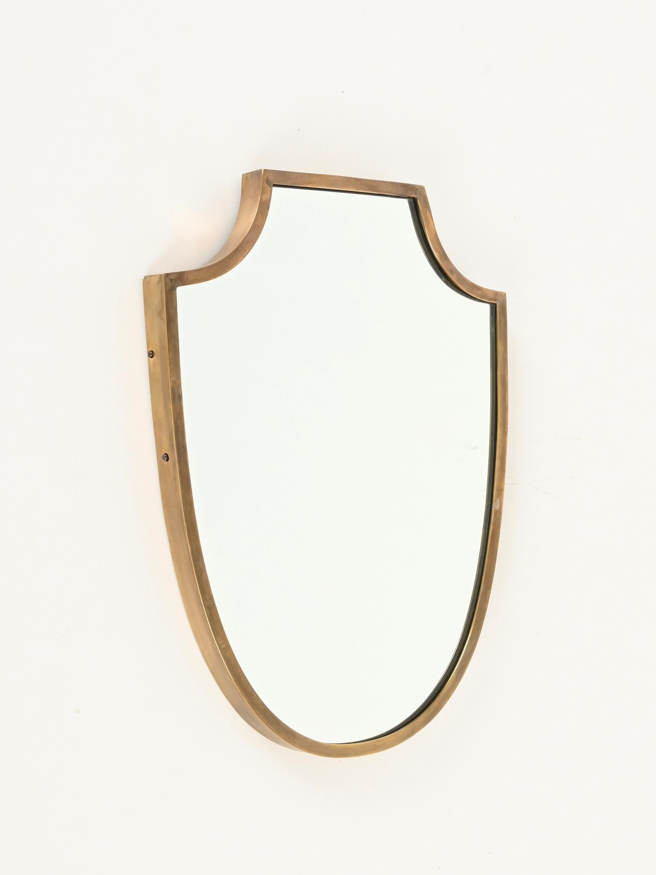 Fatto a mano Italian Solid Brass Shield-Shaped Mirror, Gio Ponti Style, 1950s in vendita