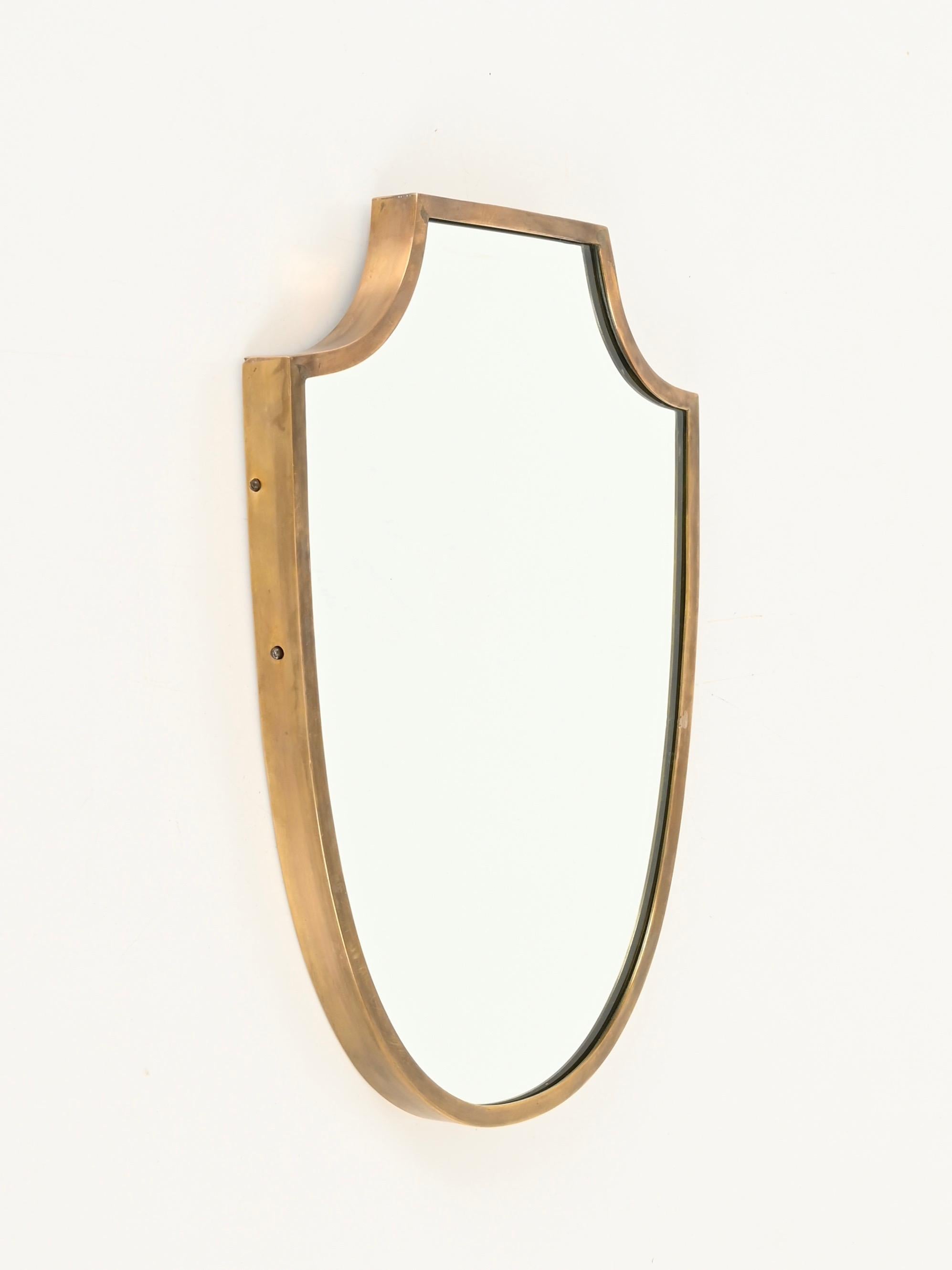 XX secolo Italian Solid Brass Shield-Shaped Mirror, Gio Ponti Style, 1950s in vendita