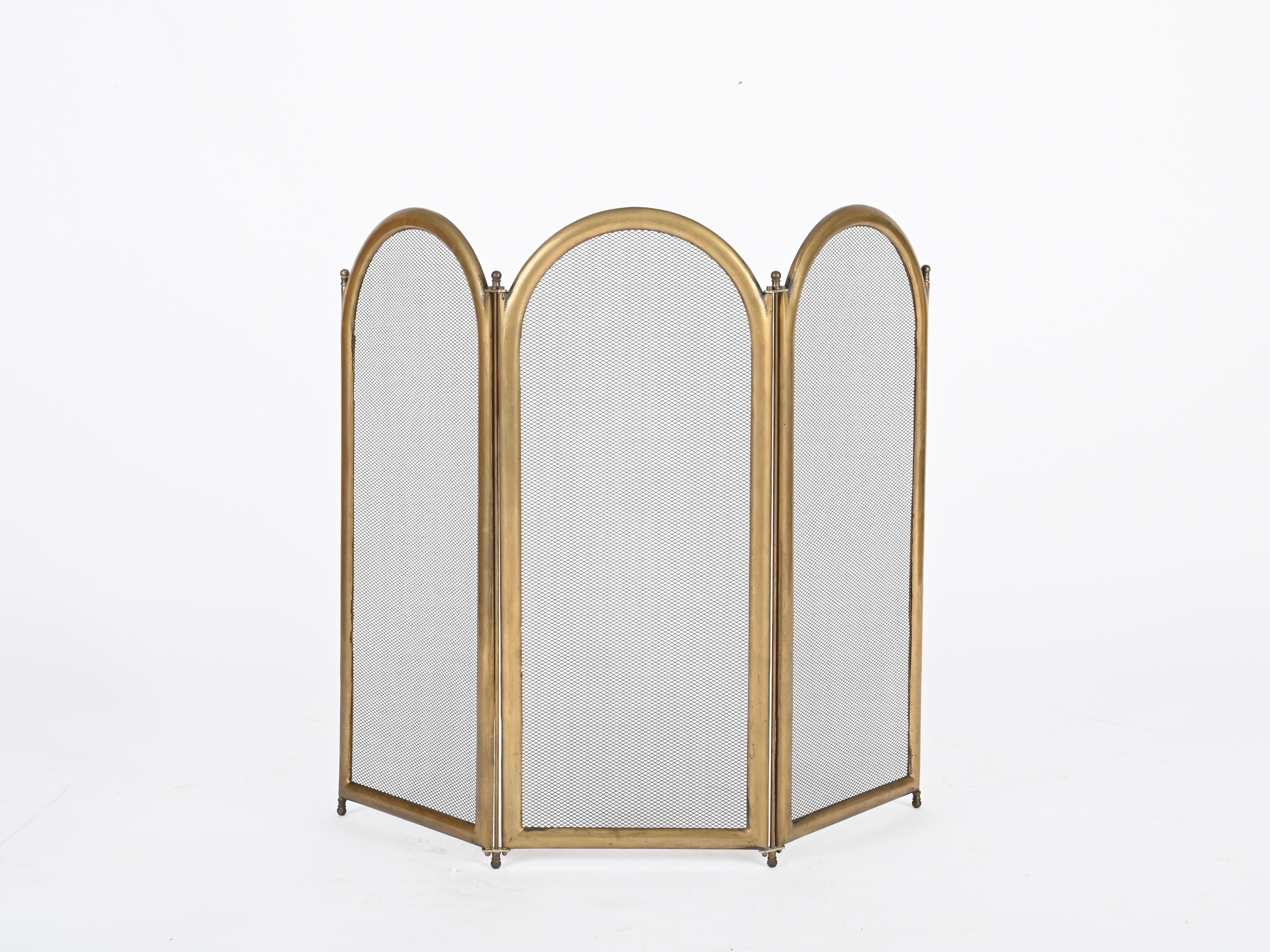 Italian Solid Brass Triple Folding Fire Screen or Fire Guard, Italy 1960s 3