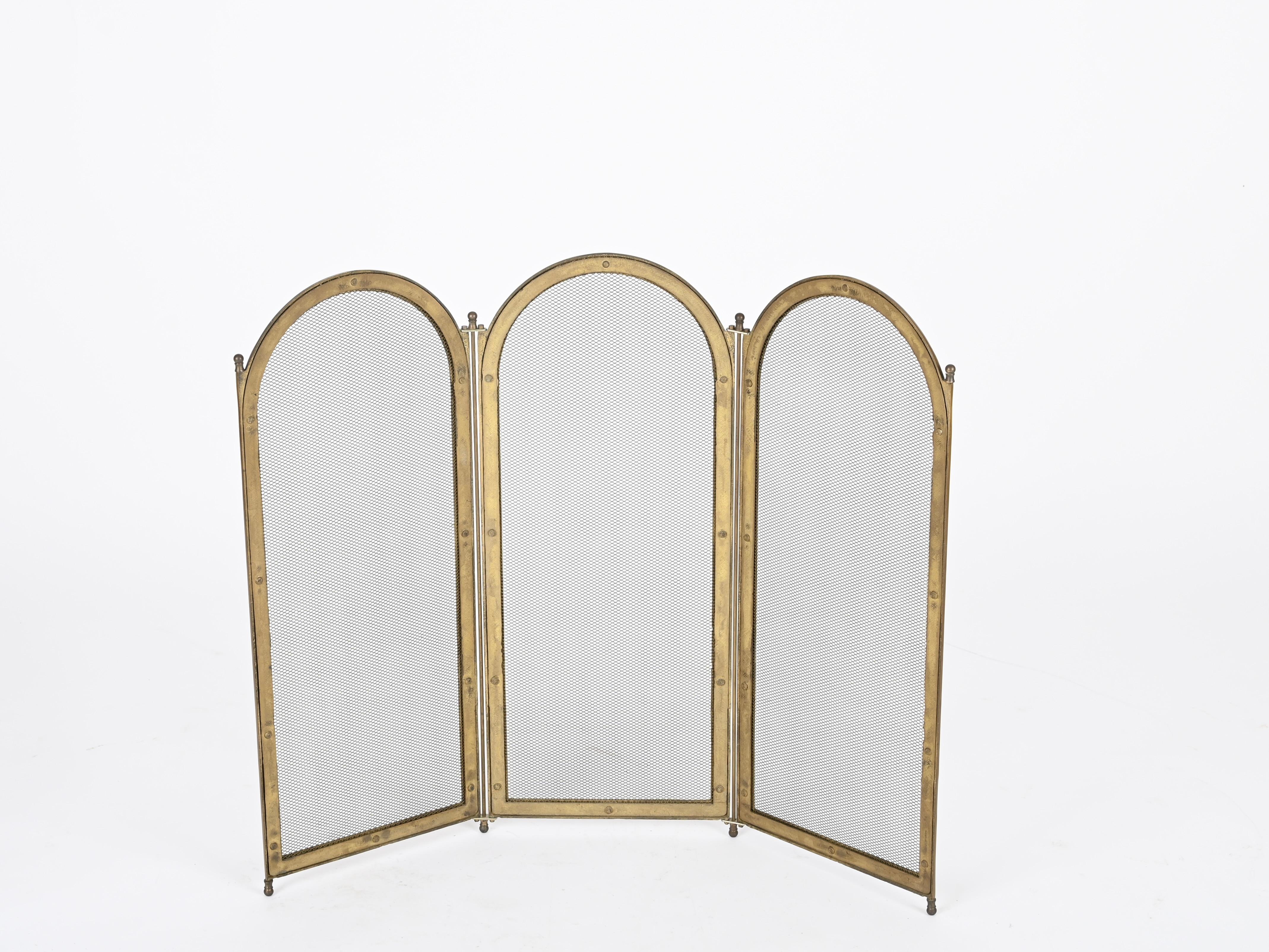 Italian Solid Brass Triple Folding Fire Screen or Fire Guard, Italy 1960s 5