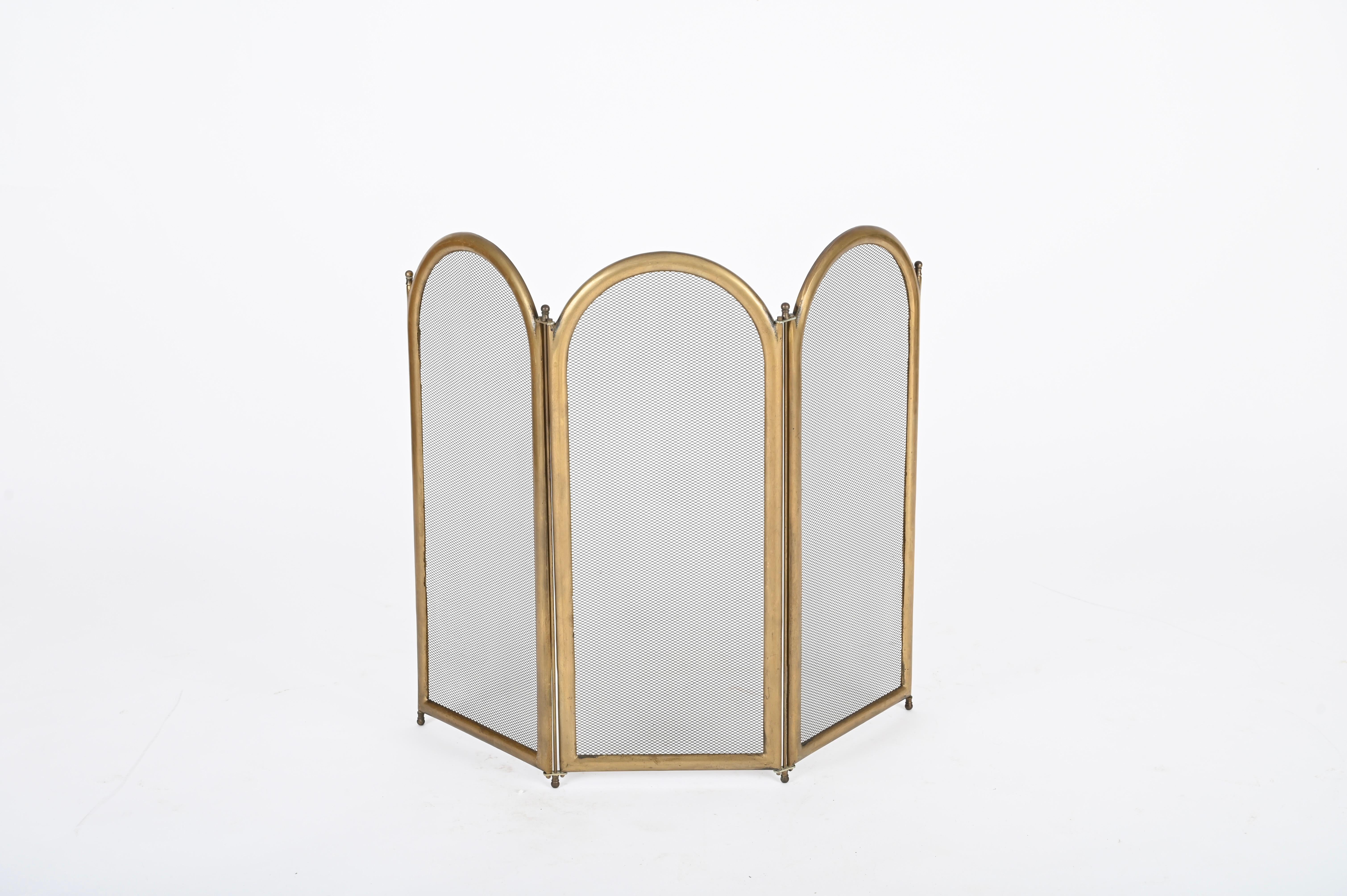 Metal Italian Solid Brass Triple Folding Fire Screen or Fire Guard, Italy 1960s