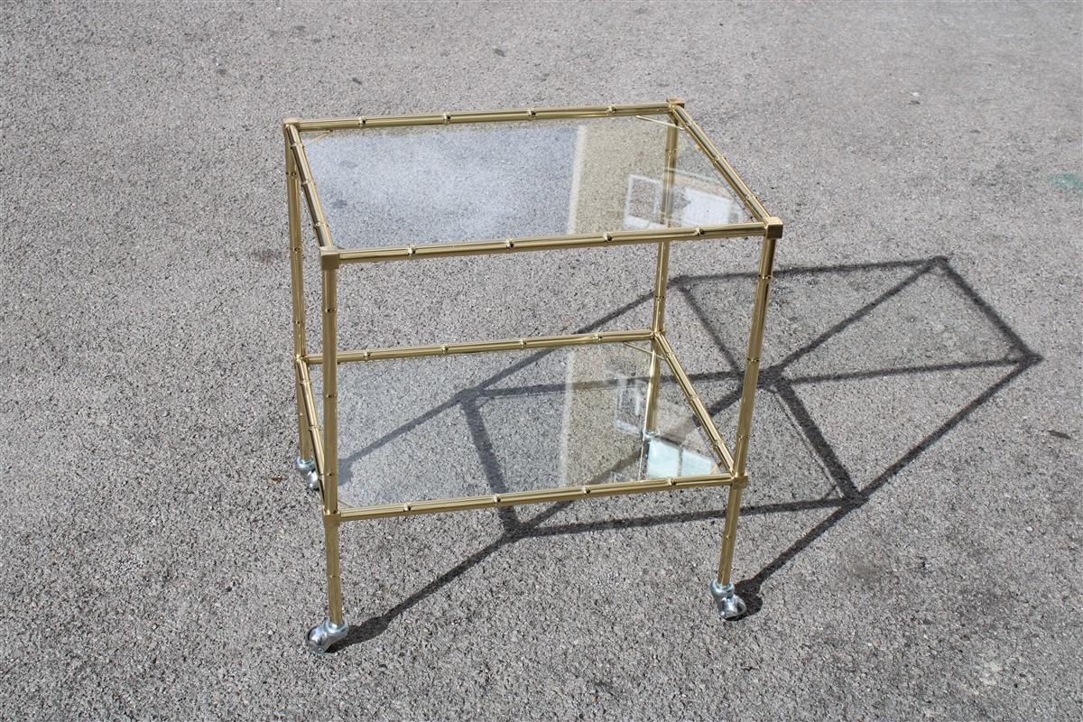 Italian Solid Brass Trolley with Wheels and Glass Tops 1970s Bar Cart In Good Condition For Sale In Palermo, Sicily