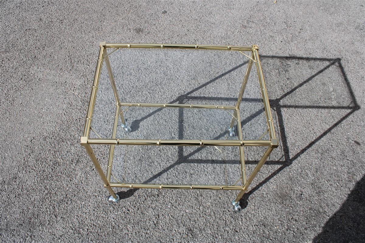 Late 20th Century Italian Solid Brass Trolley with Wheels and Glass Tops 1970s Bar Cart For Sale