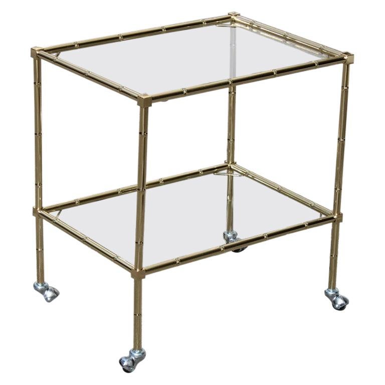 Italian Solid Brass Trolley with Wheels and Glass Tops 1970s Bar Cart